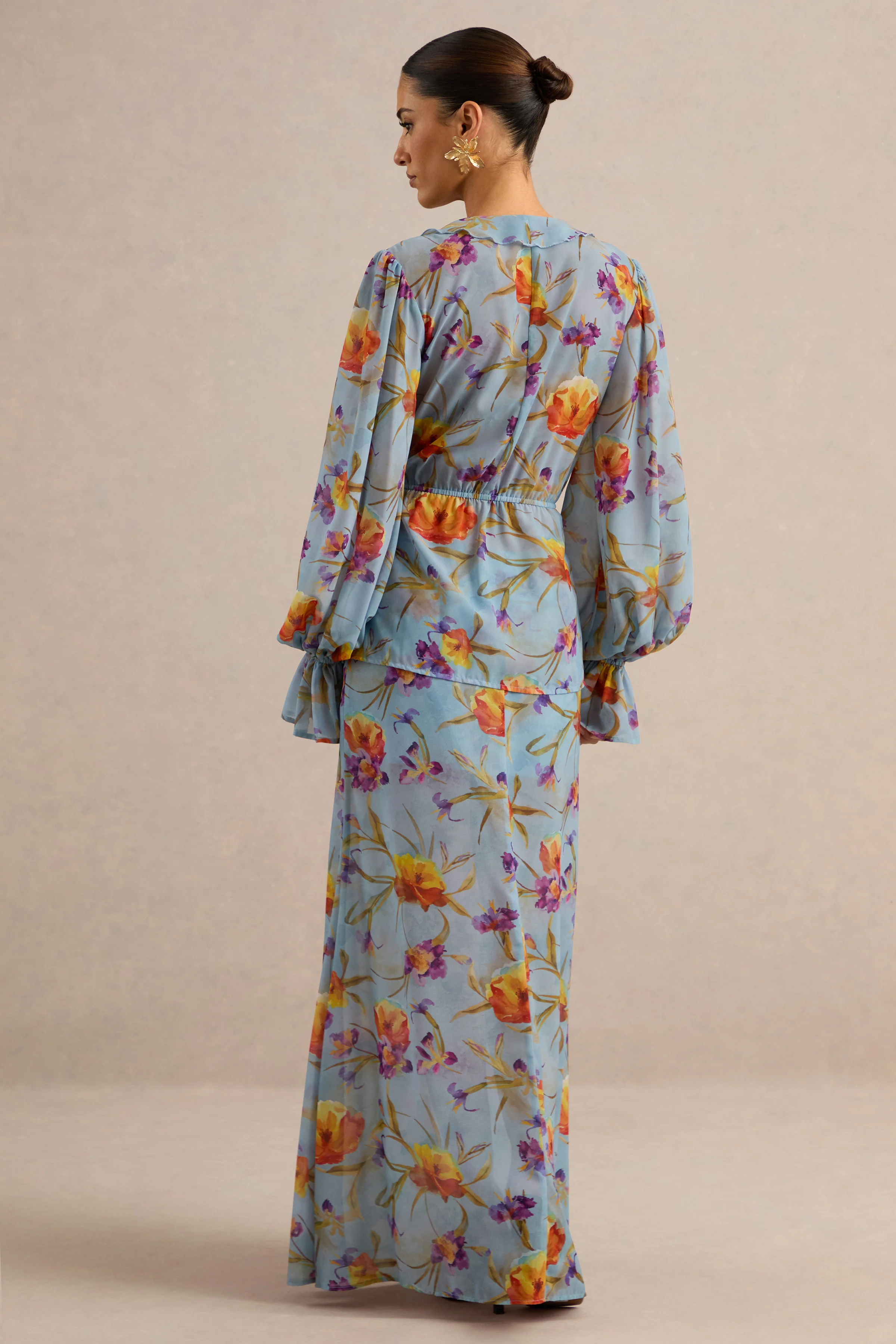 Alveta | Blue Floral Chiffon Sheer Maxi Skirt