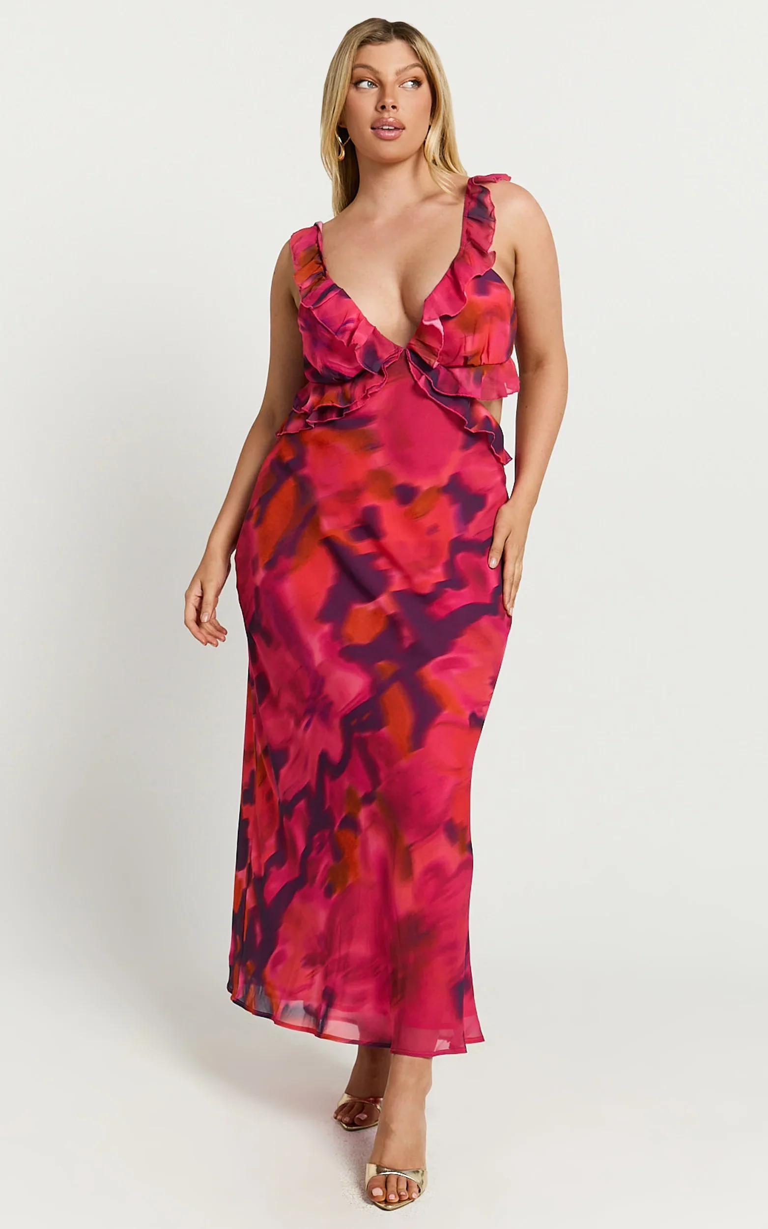 Alessa Maxi Dress - V Neck Frill Detail Empire Waist Back Cut Out Dress in Adeana Print