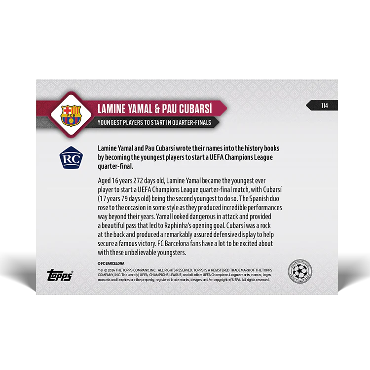 Lamine Yamal & Pau Cubarsí - UEFA Champions League Record: Youngest players to start in quarter-finals - 23/24 UCL TOPPS NOW® Card 114