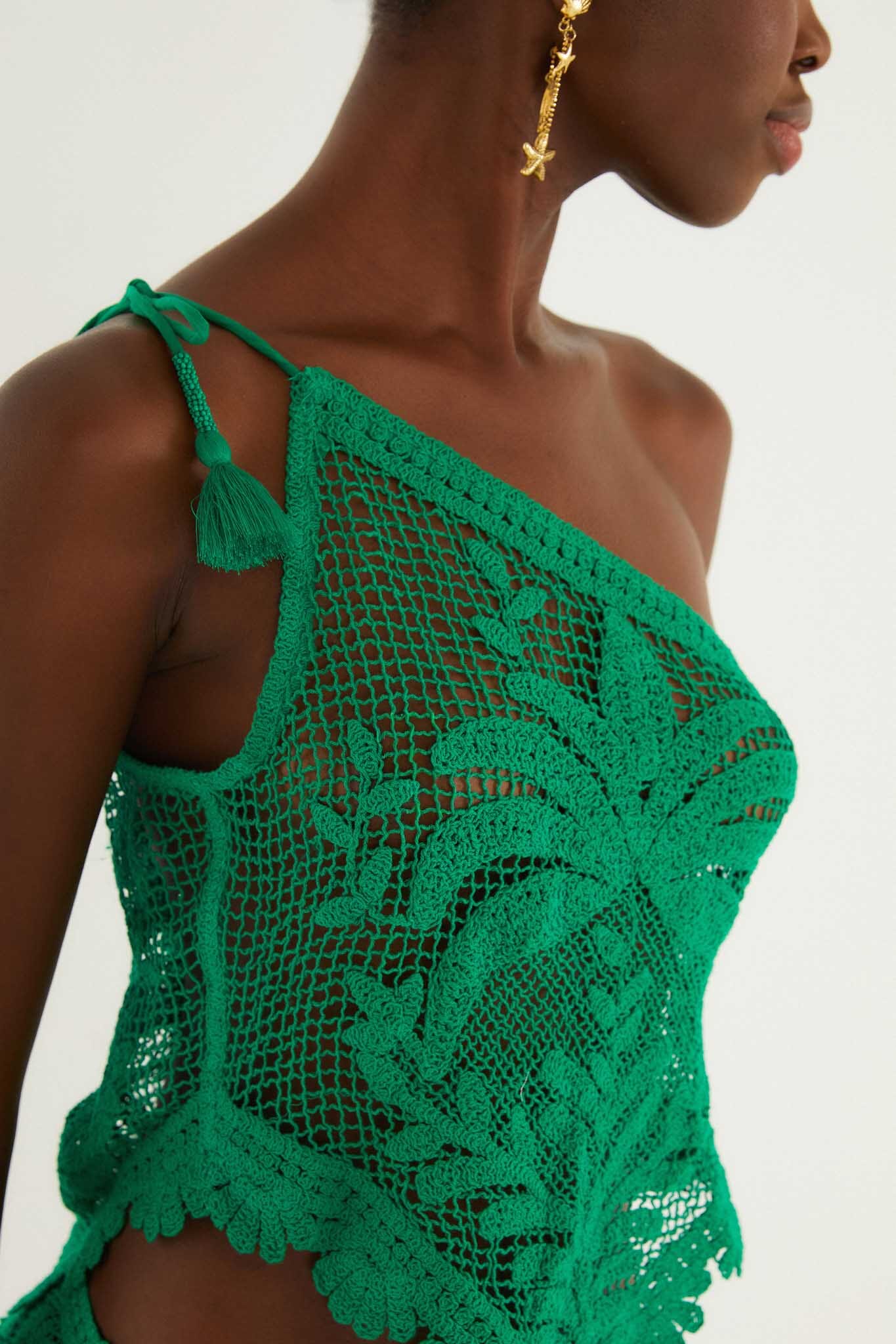 Green One-Shoulder Sheer Blouse