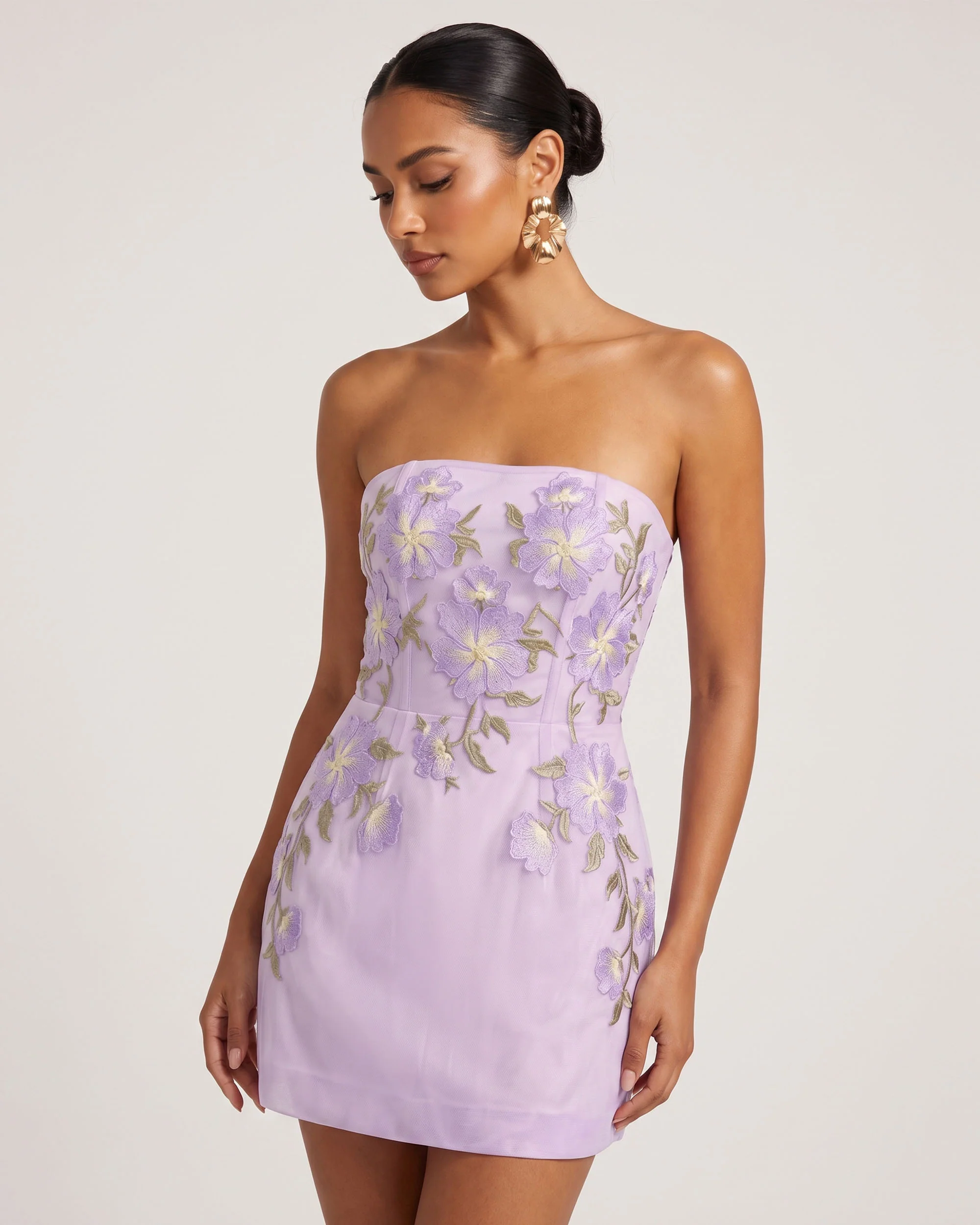 Floral EmbroideredStrapless Corset Mini Dress - Light Purple