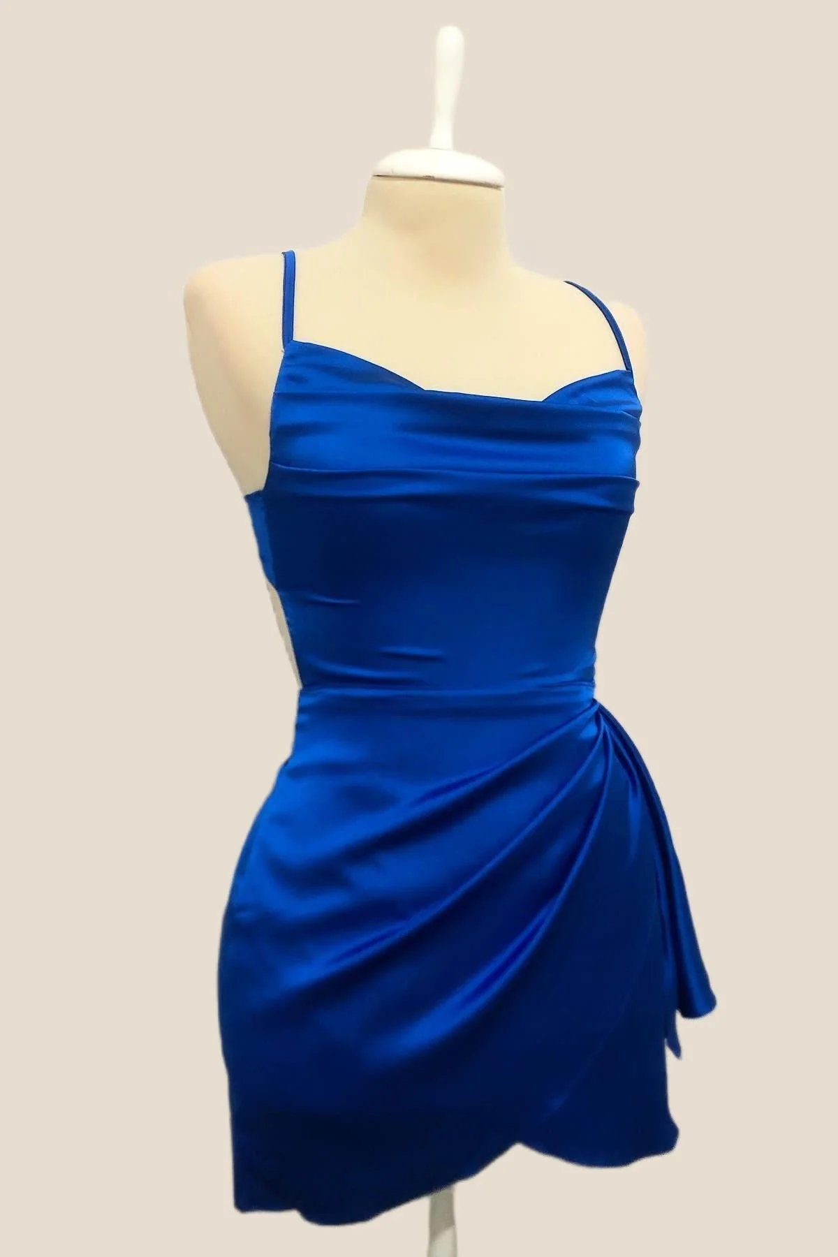Straps Royal Blue Cowl Neck Satin Draped Dress