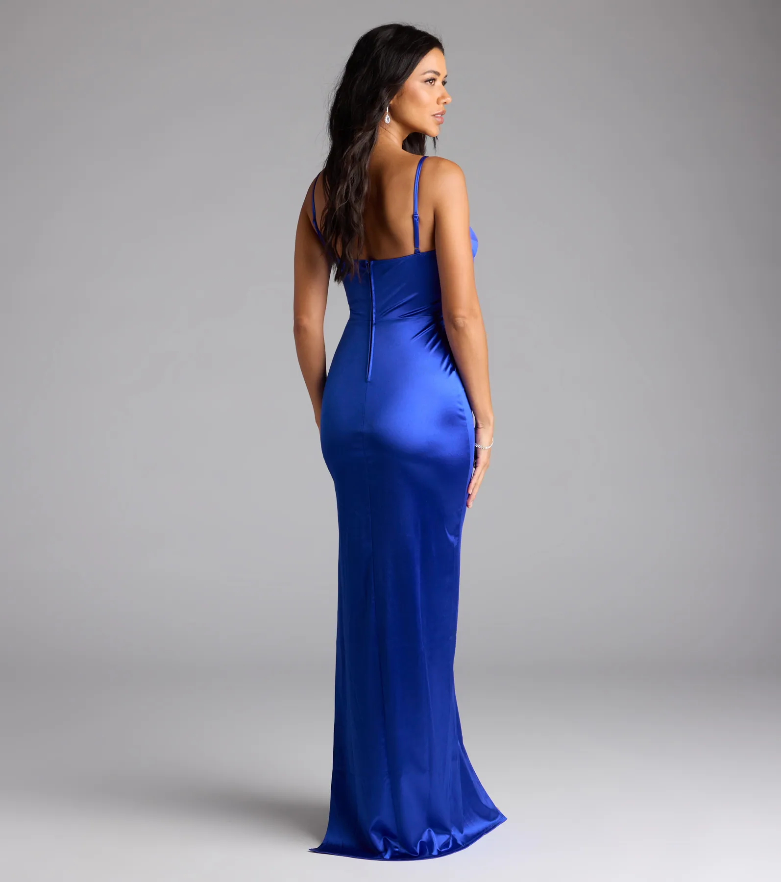Iliana Cowl Neck High Slit Satin Column Dress