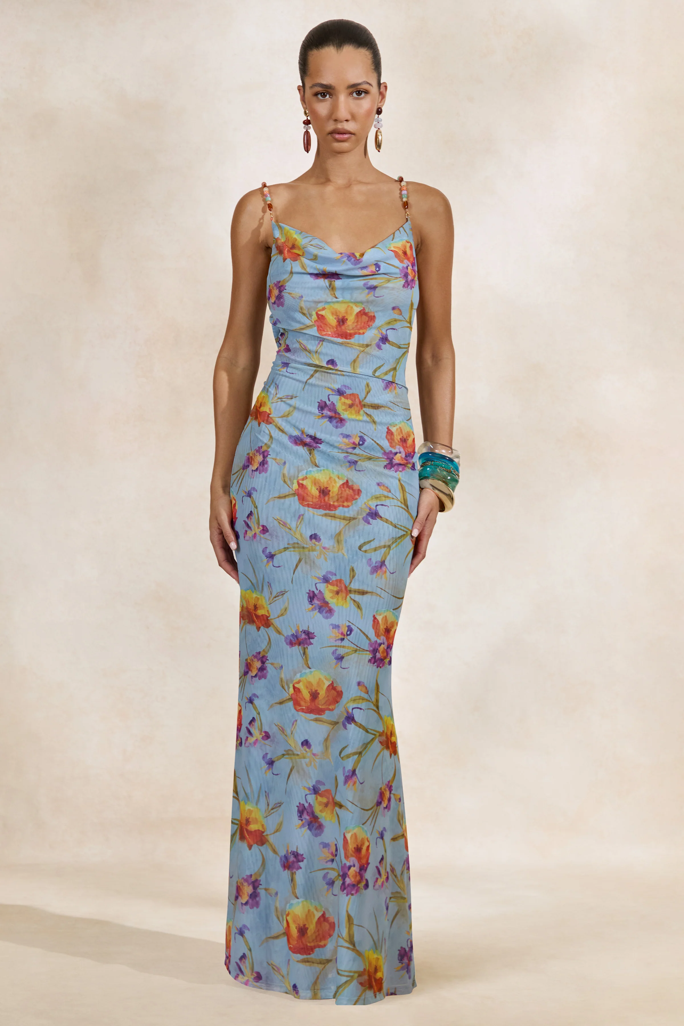 Raisa | Blue Floral Sheer Mesh Cowl-Neck Maxi Dress