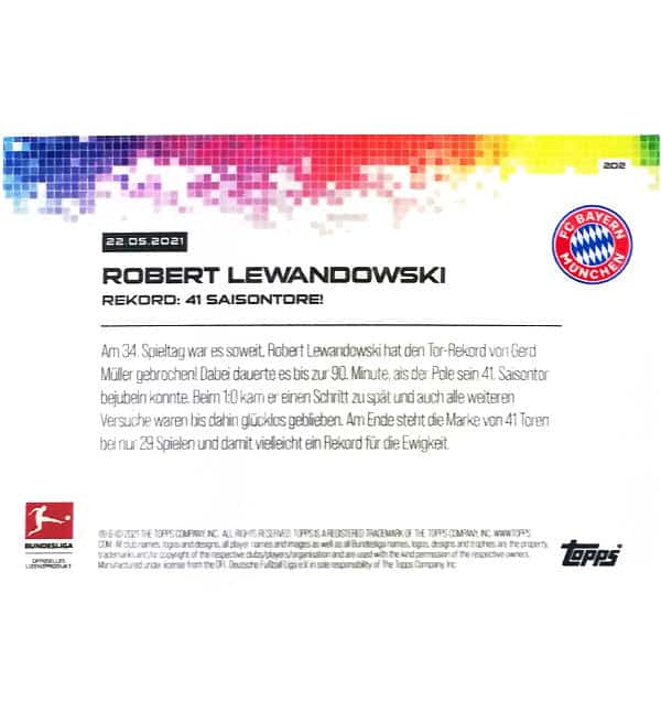 Topps NOW Card #202 - Lewandowski Bundesliga Scoring Record 41 Goals - Red Parallel #45/99