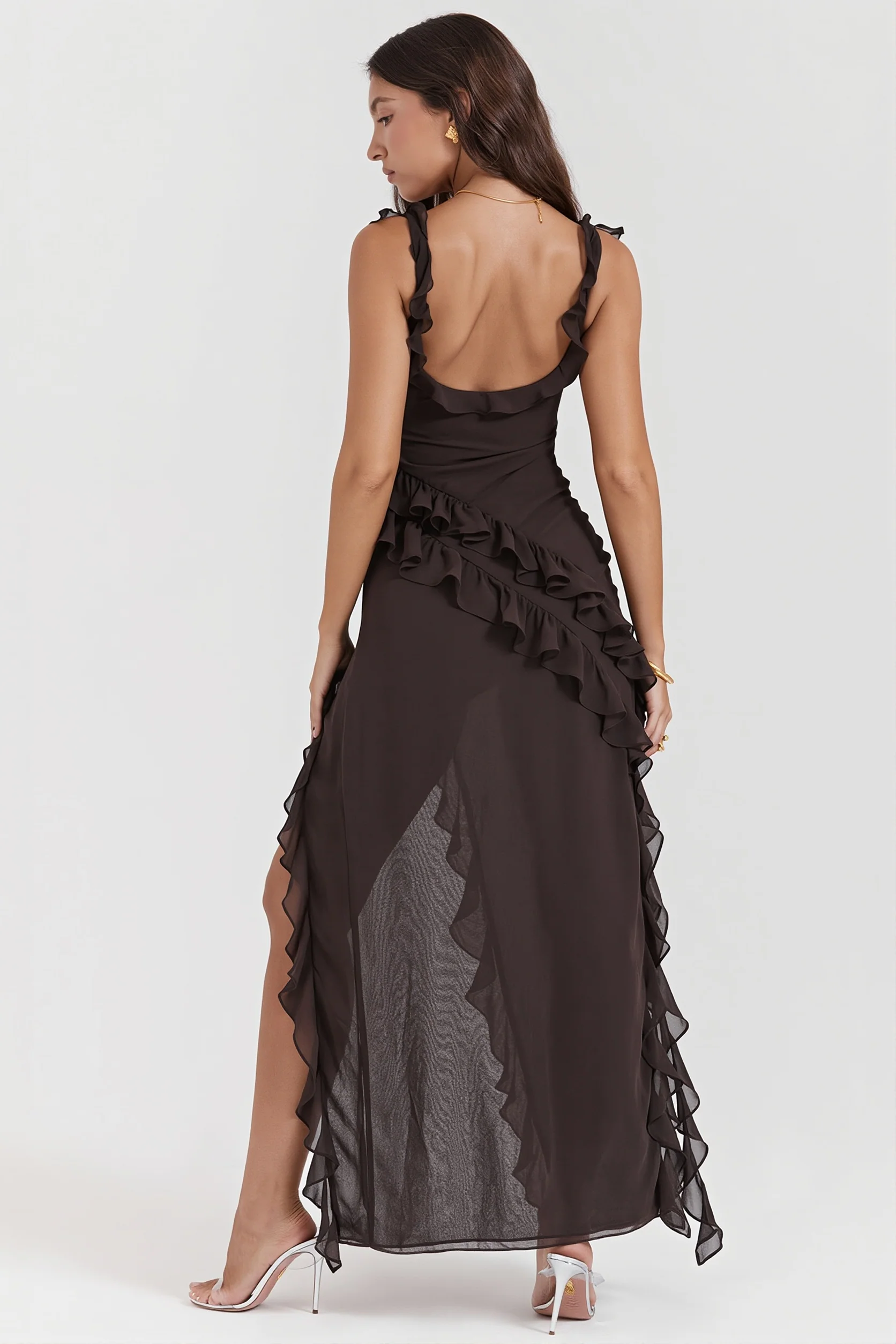 Ribbon Ruffle Splice Slit Maxi Dress