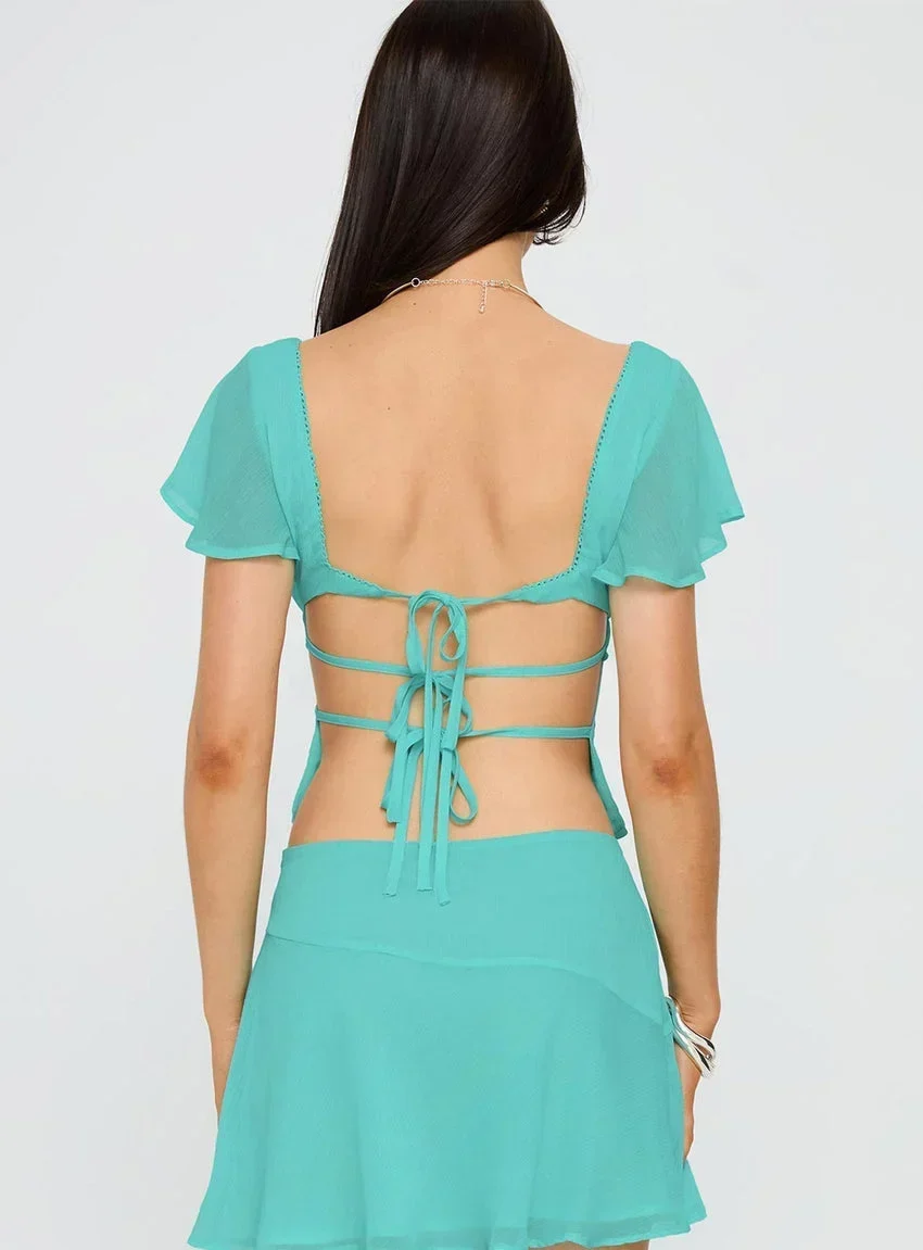 Pappilion Embroidered Top Aqua