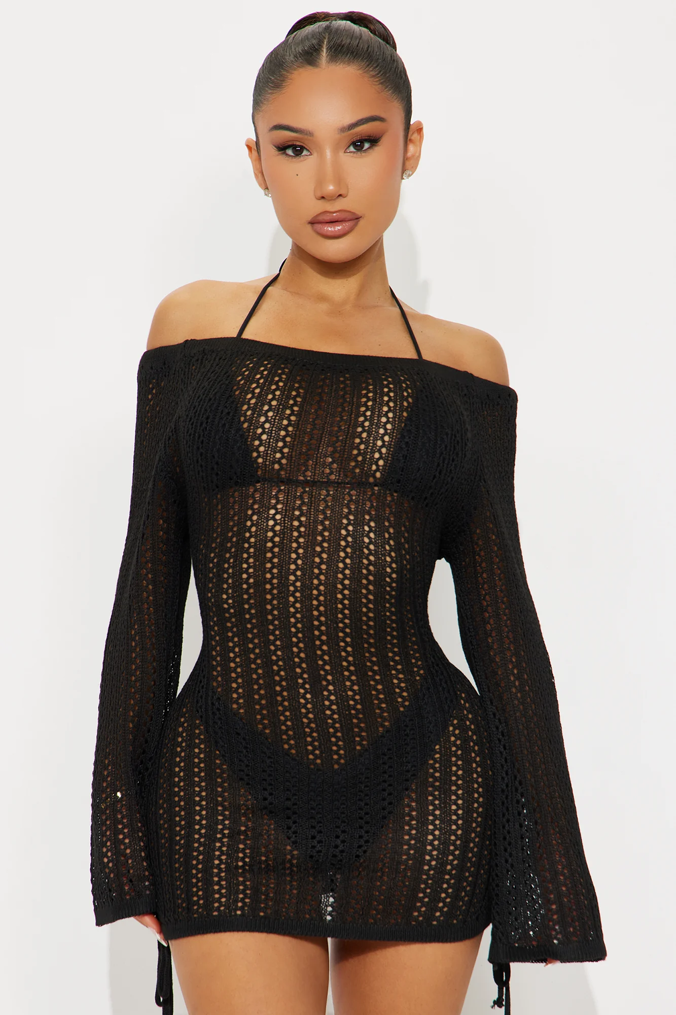 Tropical Skies Off Shoulder Ruched Cover Up Mini Dress - Black
