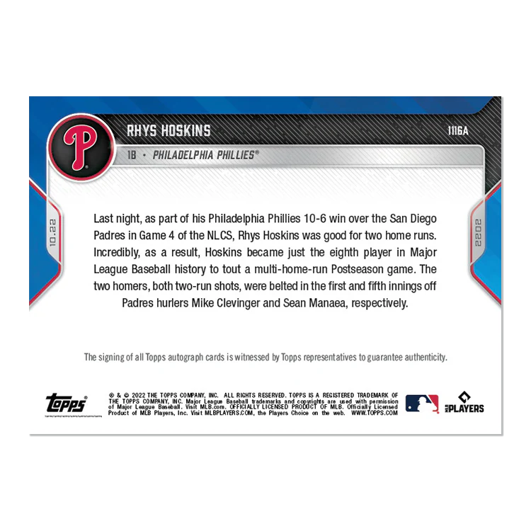 On-Card Auto # to 99 - Rhys Hoskins - 2022 MLB TOPPS NOW® Card 1116A