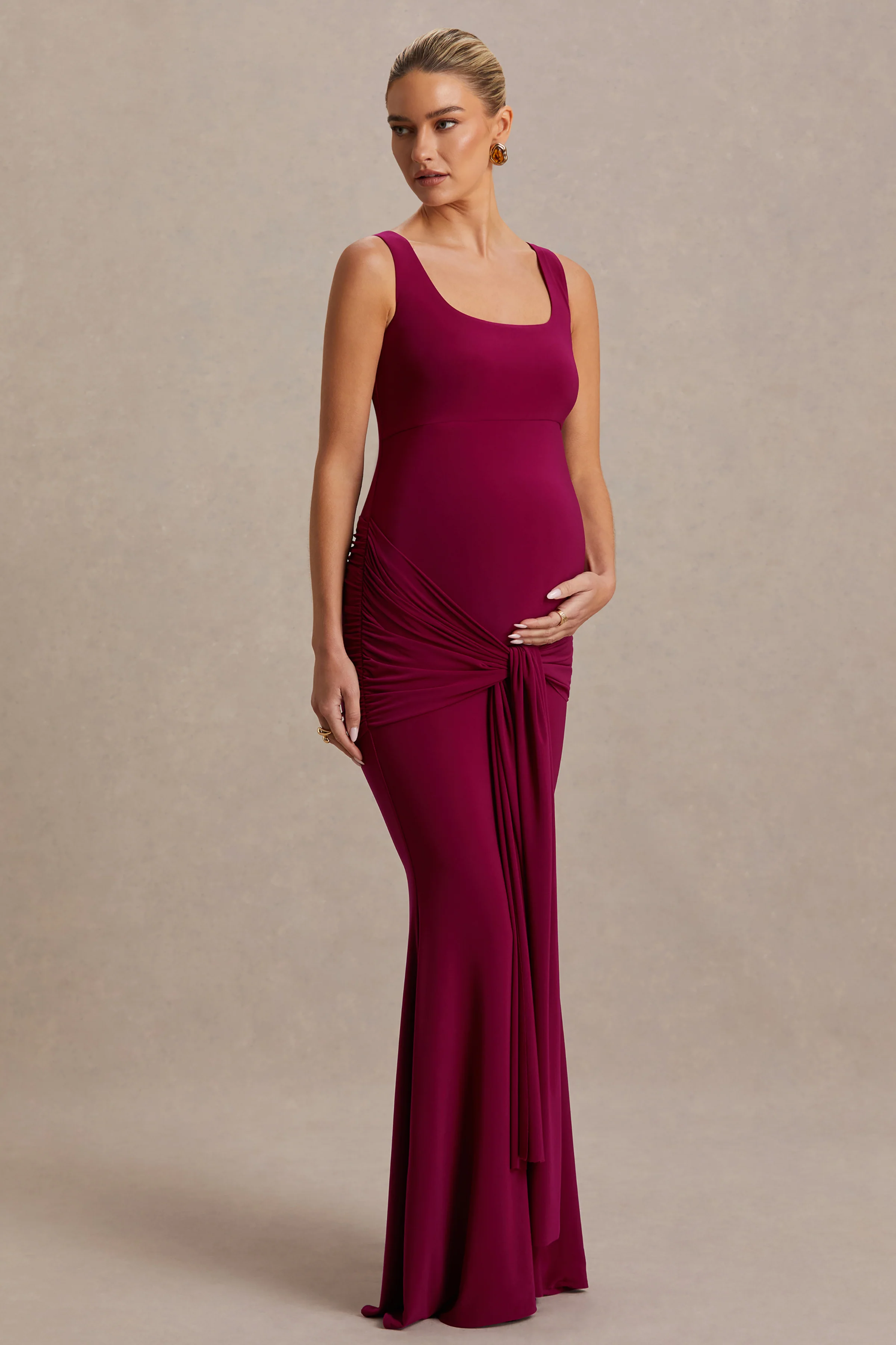 Baylin | Burgundy Square-Neck Maternity Maxi Dress With Ruched Detailing And Sash