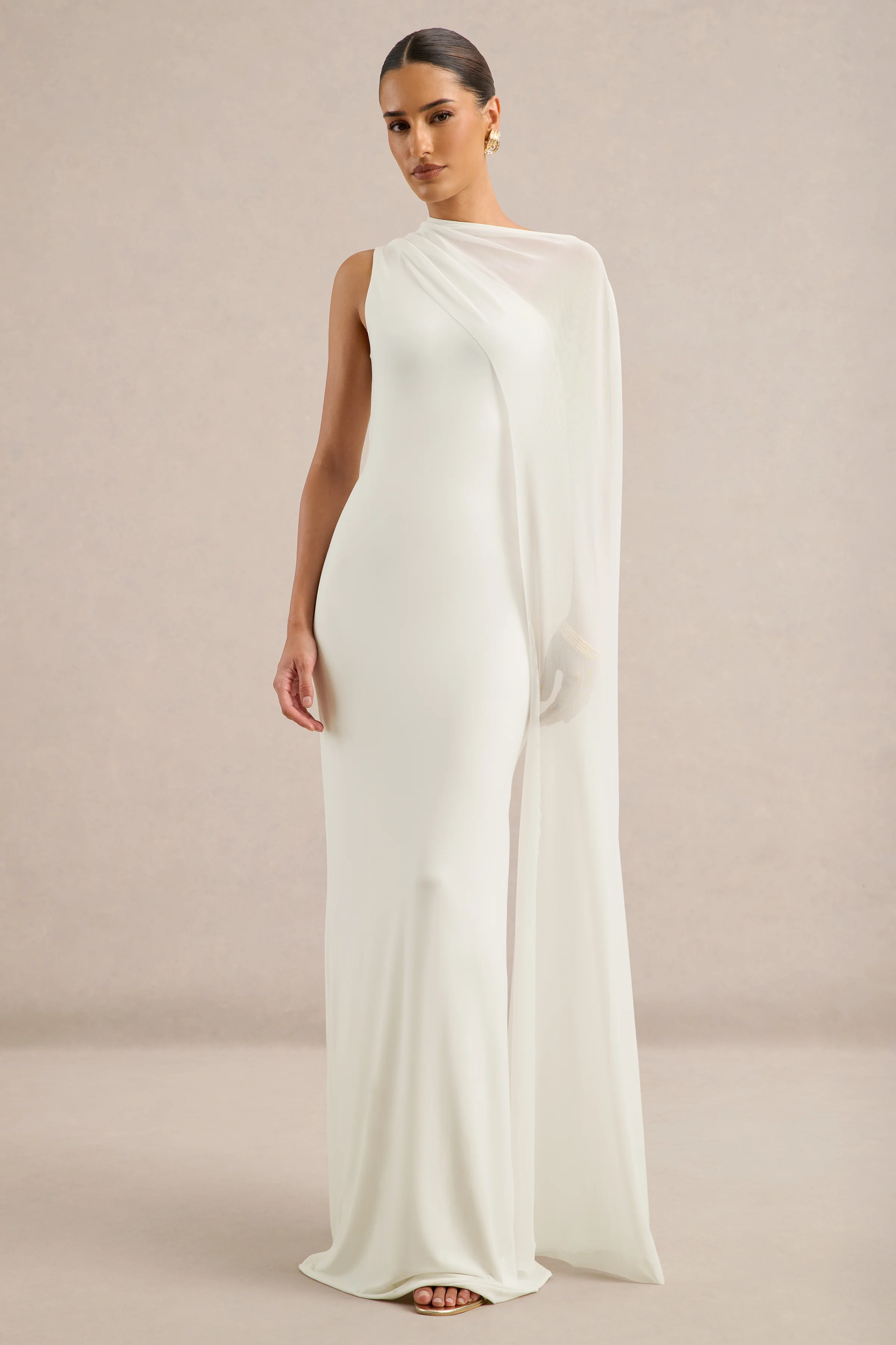 Mirelle | White Jersey Boat Neck Maxi Dress With Mesh Cape And Back Split