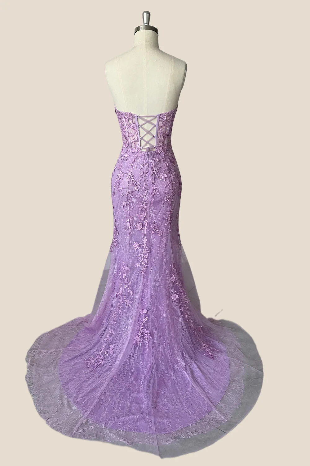 Strapless Lavender Lace Mermaid Long Party Dress