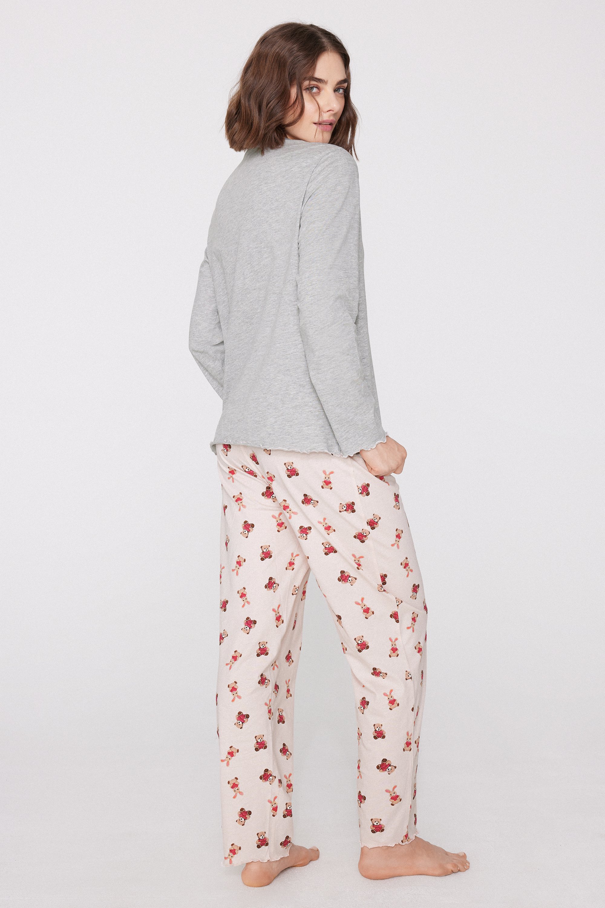 Teddy Bear Print Cotton Long Pyjamas