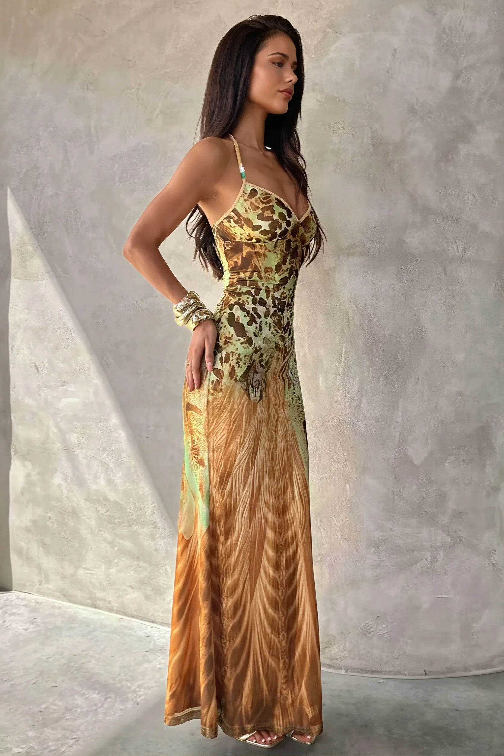 Printed V Neck Cami Slim Bodycon Maxi Dress