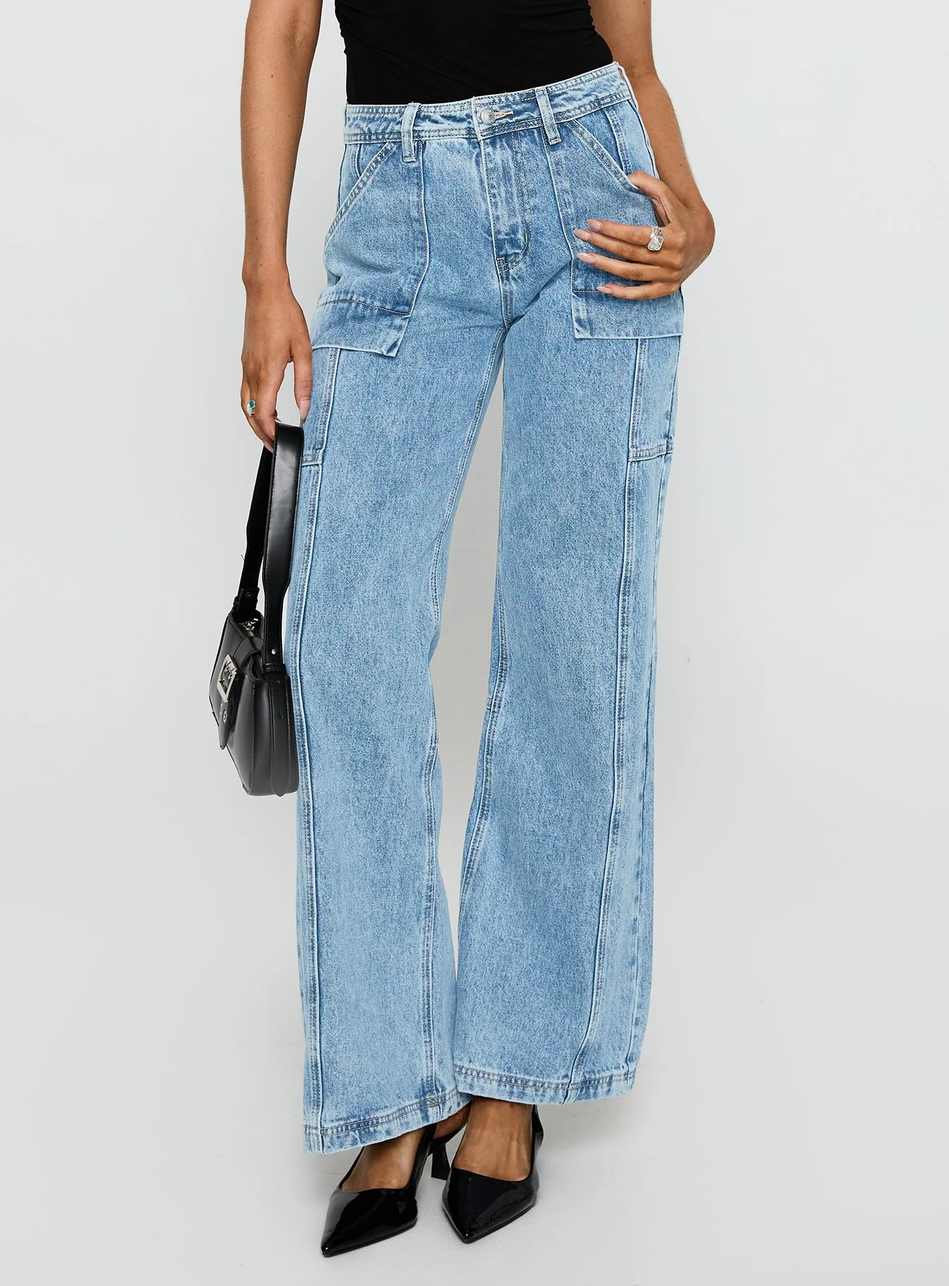 Chad Cargo High Rise Wide Leg Jeans Mid Wash