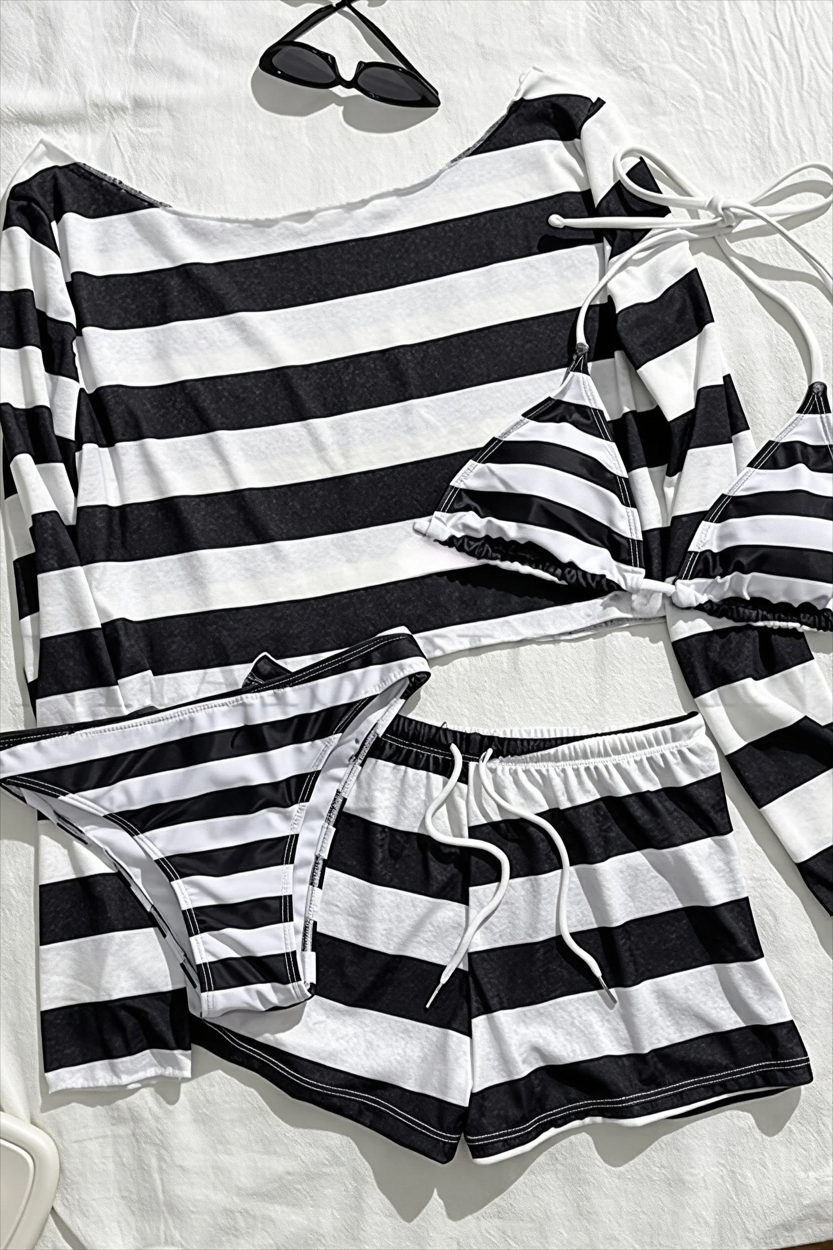 Striped Cover Up Four Piece Bikini Set
