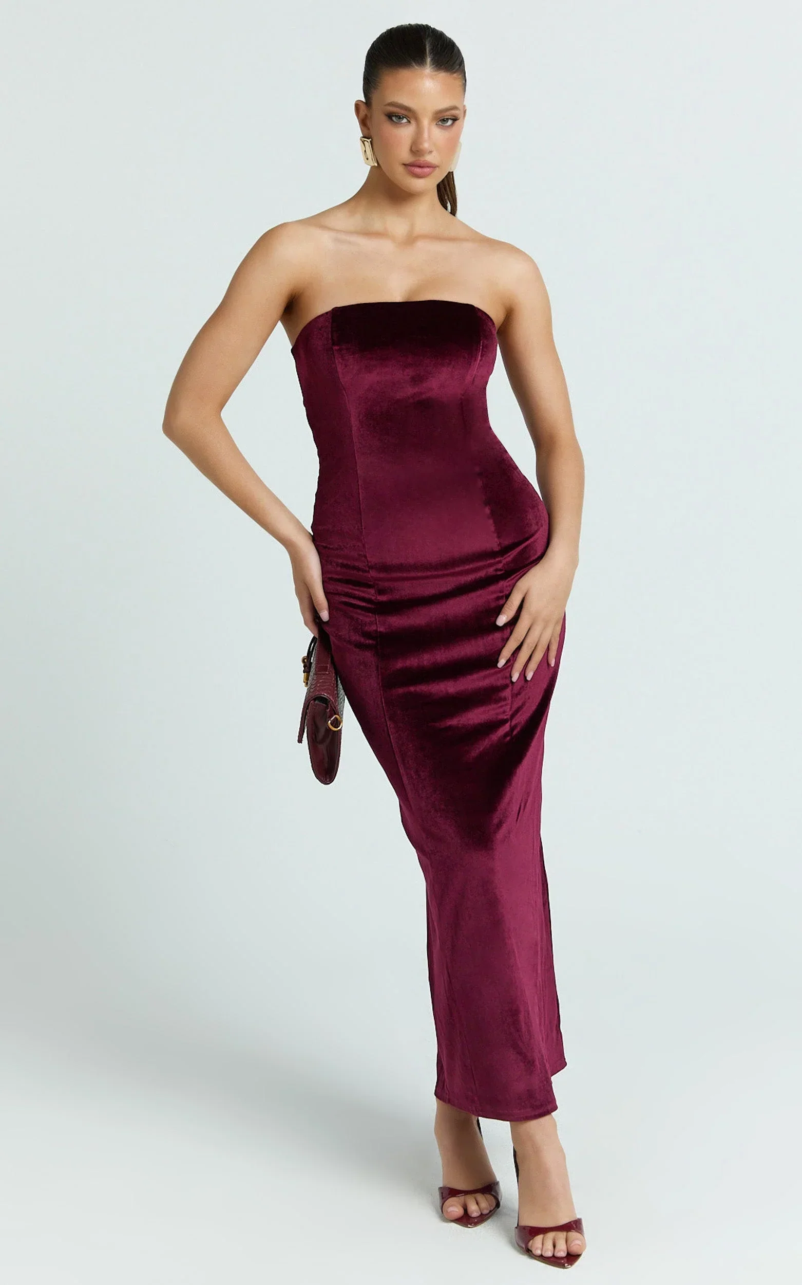 Cartia Maxi Dress - Velvet Strapless Bodycon Dress in Wine