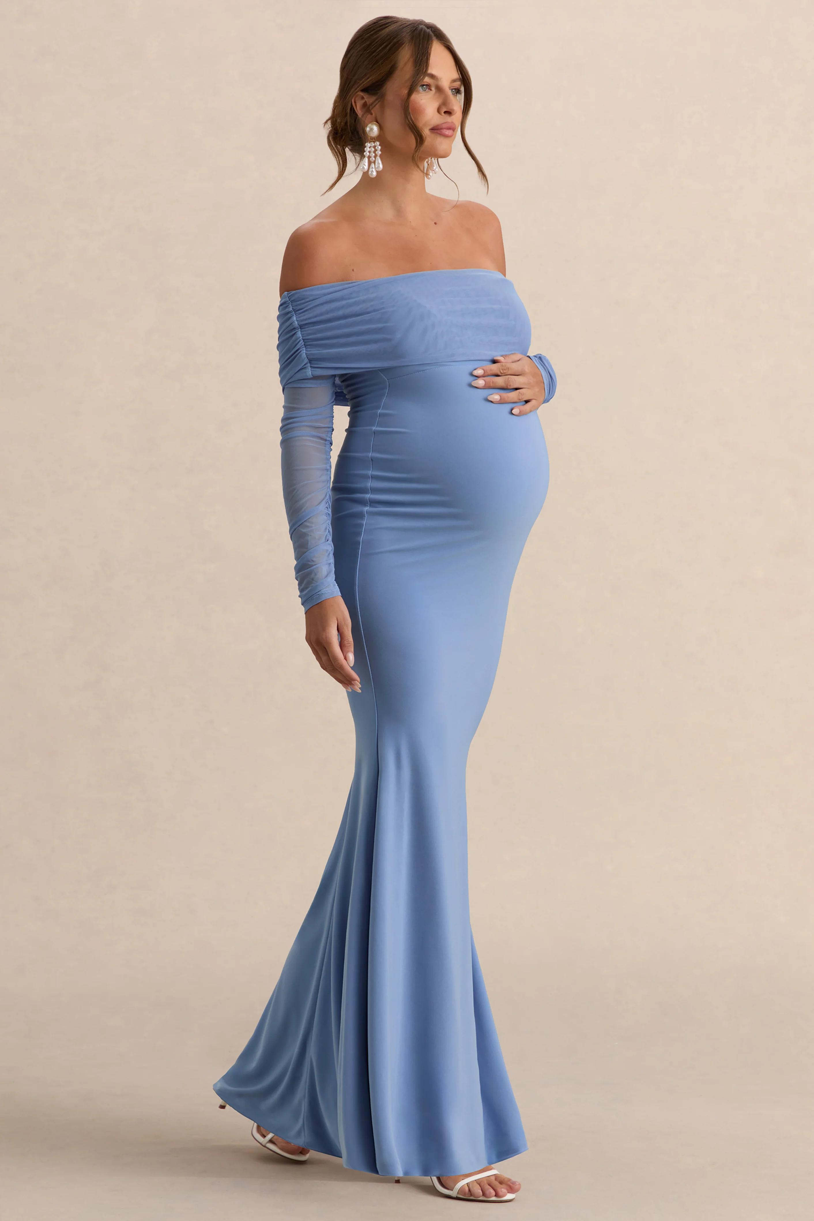 Pretty Perfect | Powder Blue Maternity Ruched Mesh Bardot Maxi Dress