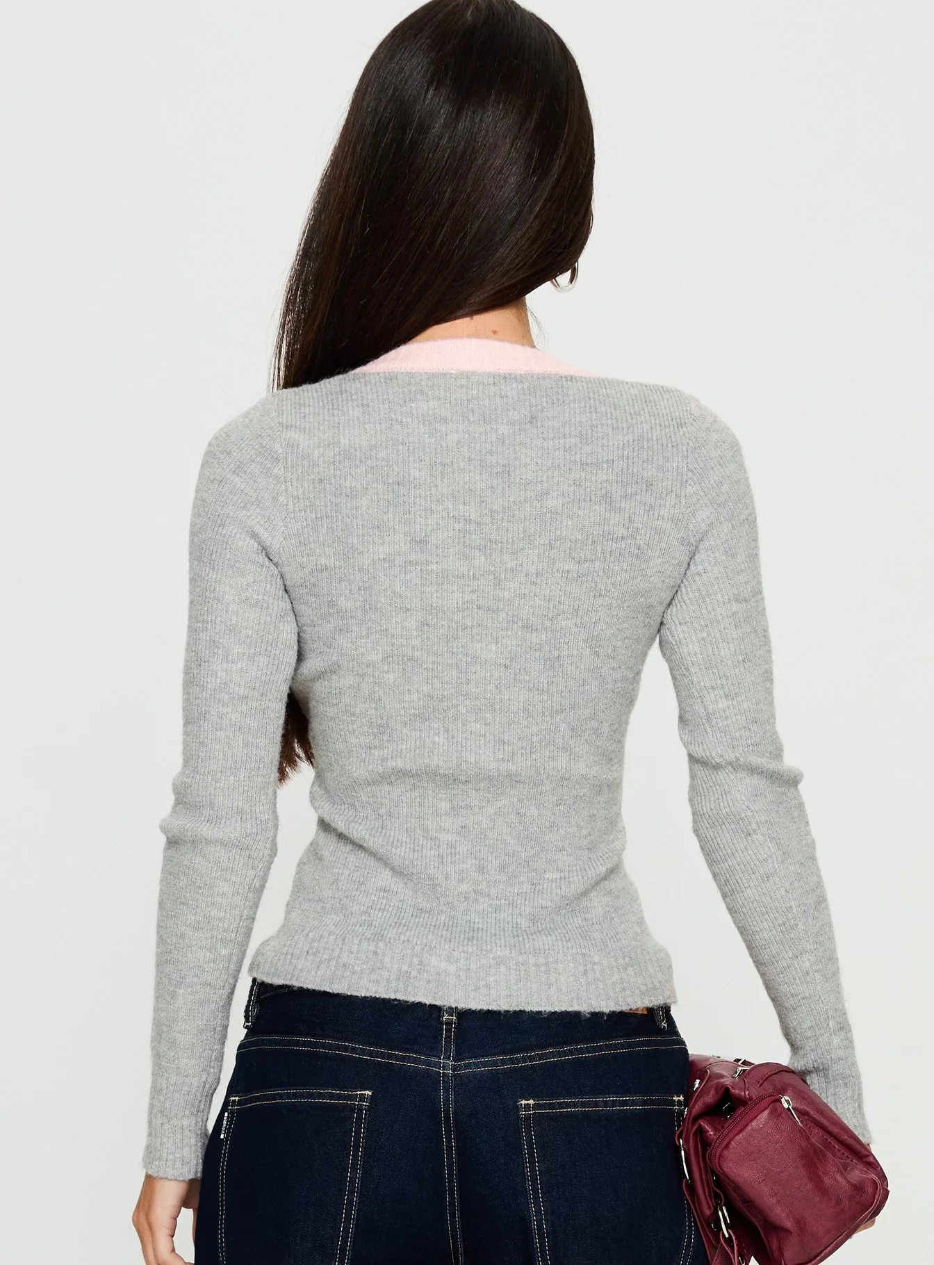 Vanita V Neck Long Sleeve Top Grey / Pink