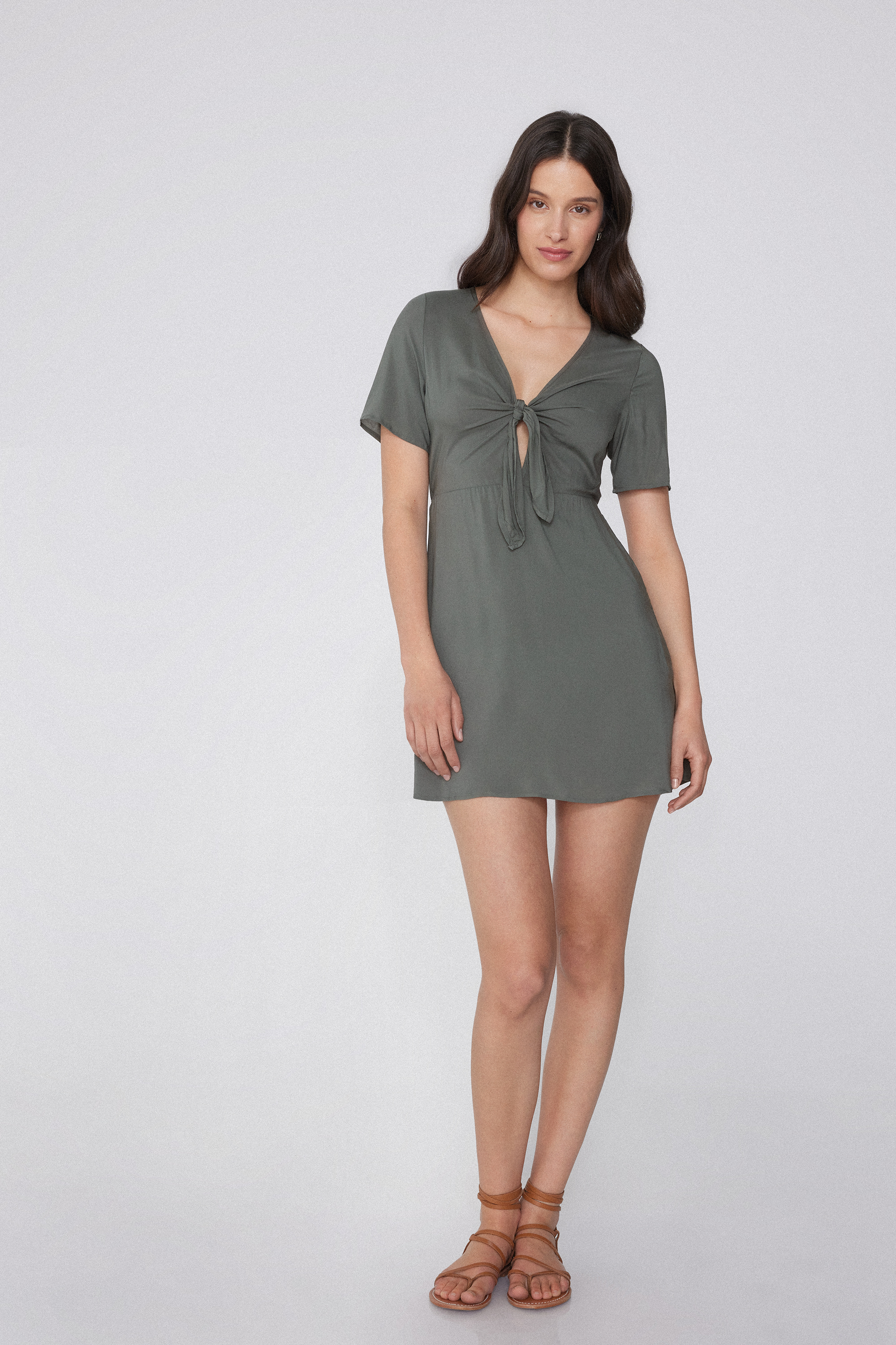 Short Sleeve Viscose Dress with Knot