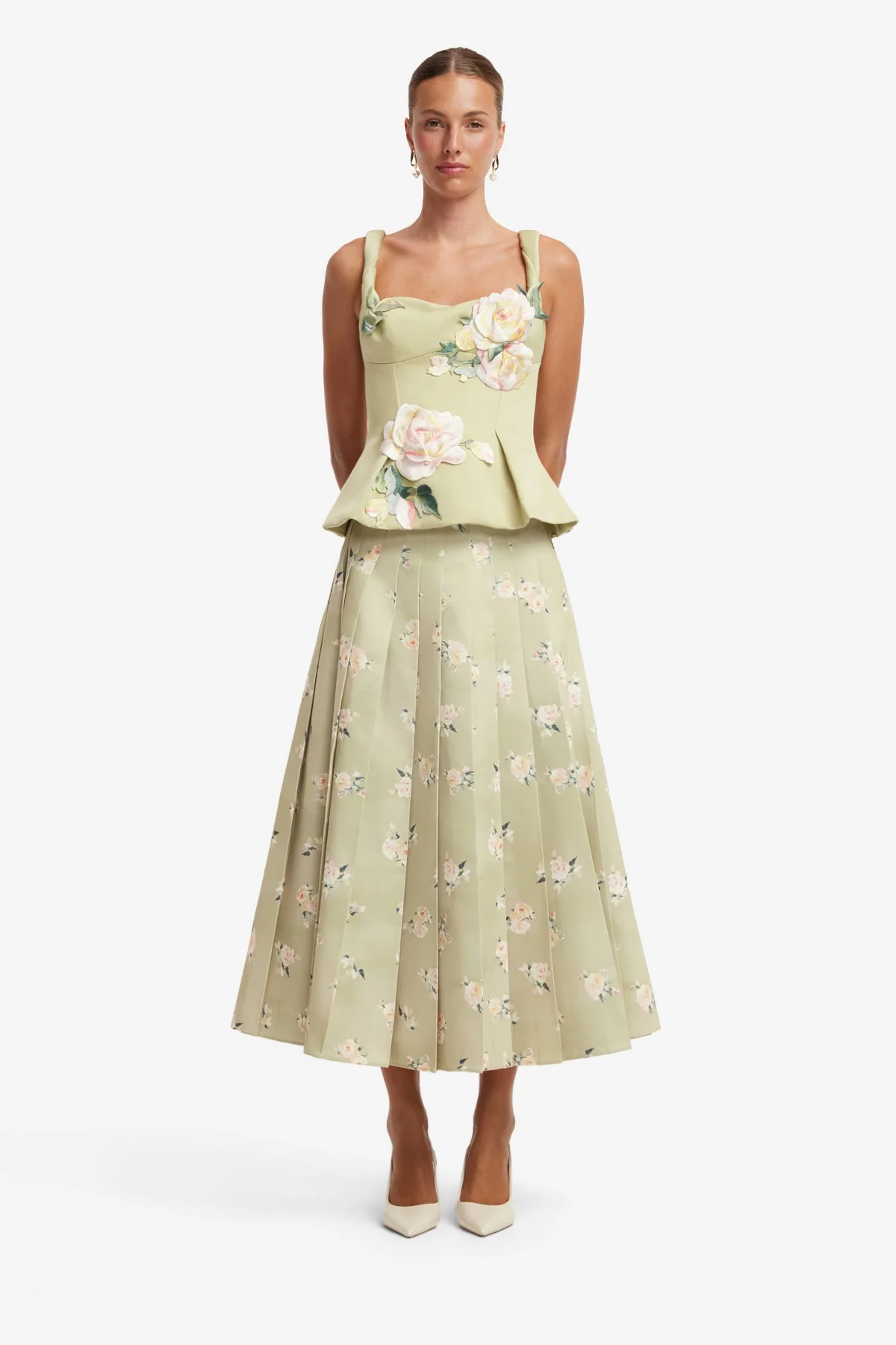 June Pleated Maxi Skirt - Pistachio Rose Print