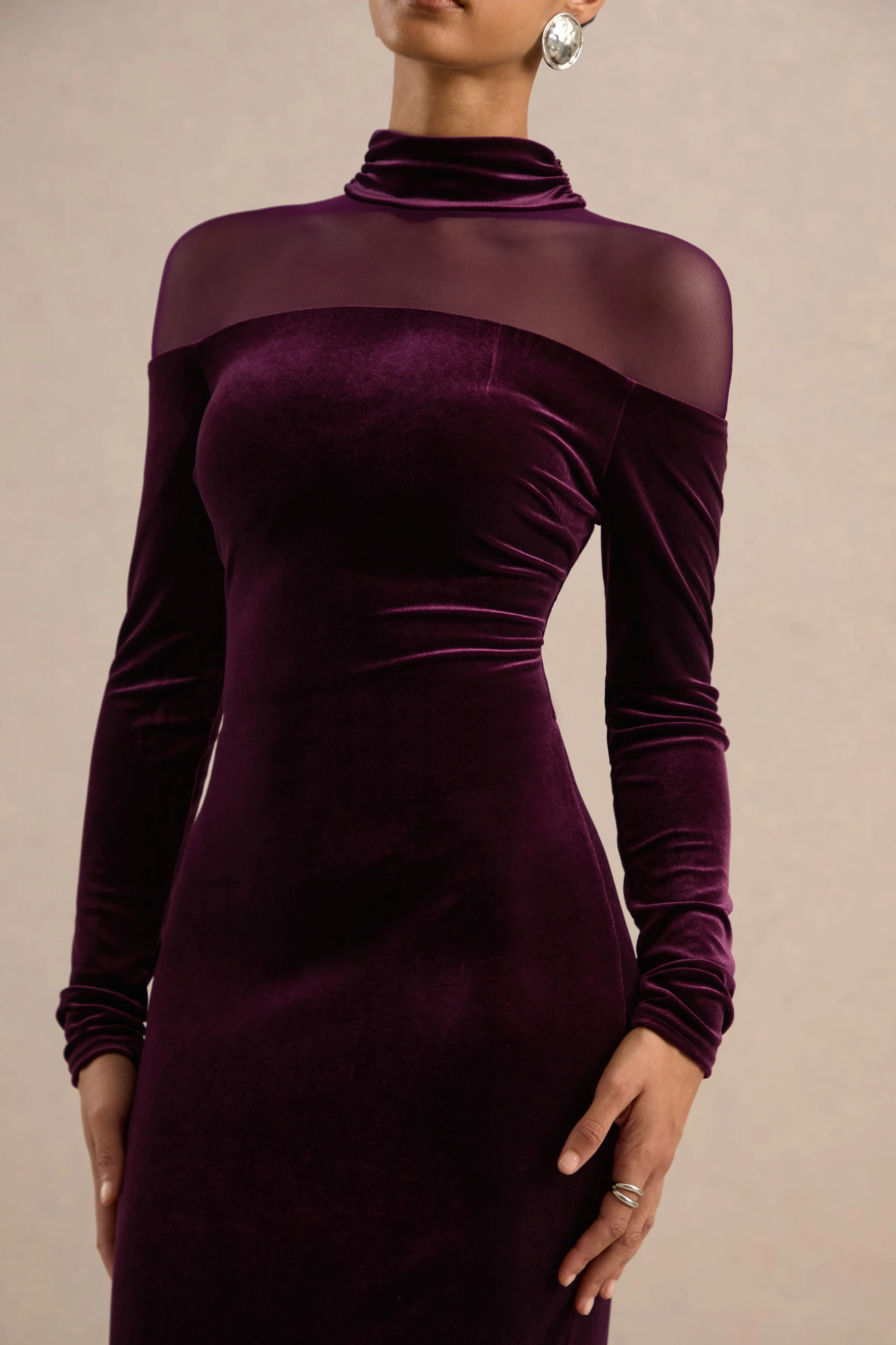 Rosa | Plum Velvet High Neck Long Sleeve Maxi Dress With Sheer Detailing