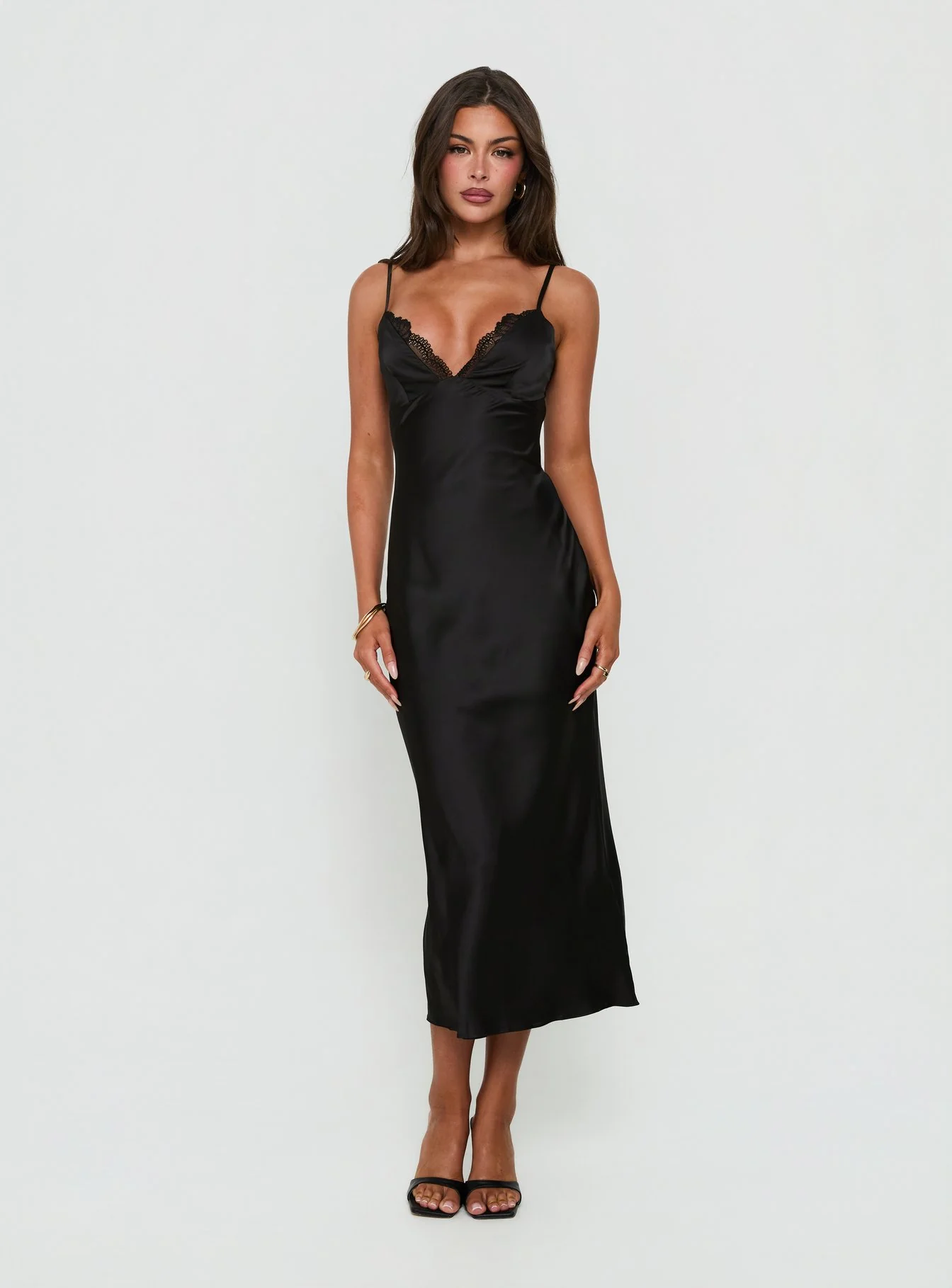 Declanna Satin Lace Trim Slip Midi Dress Black