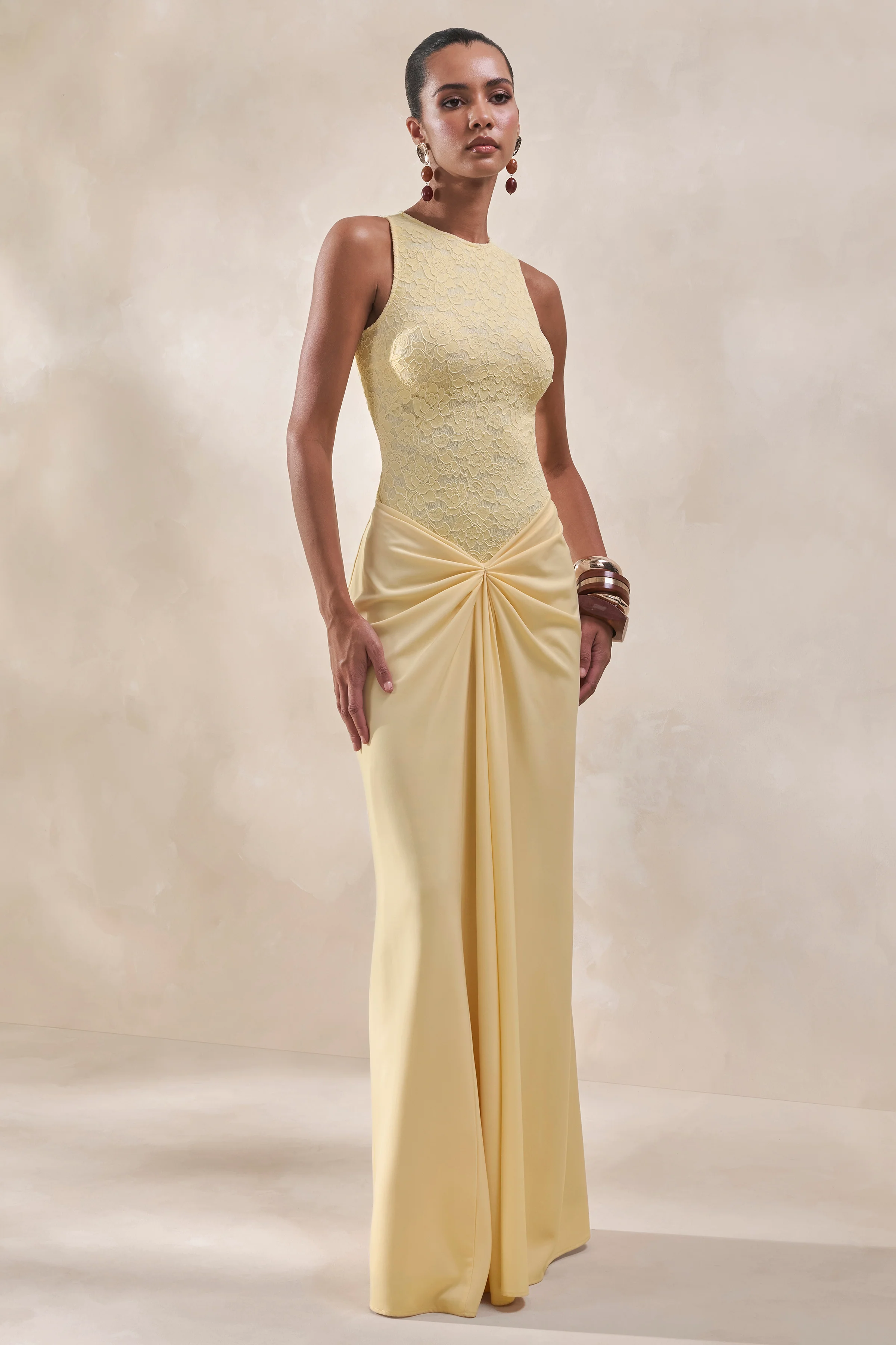 Setaria | Lemon Satin Maxi-Skirt With Gathered-Detailing And Sash