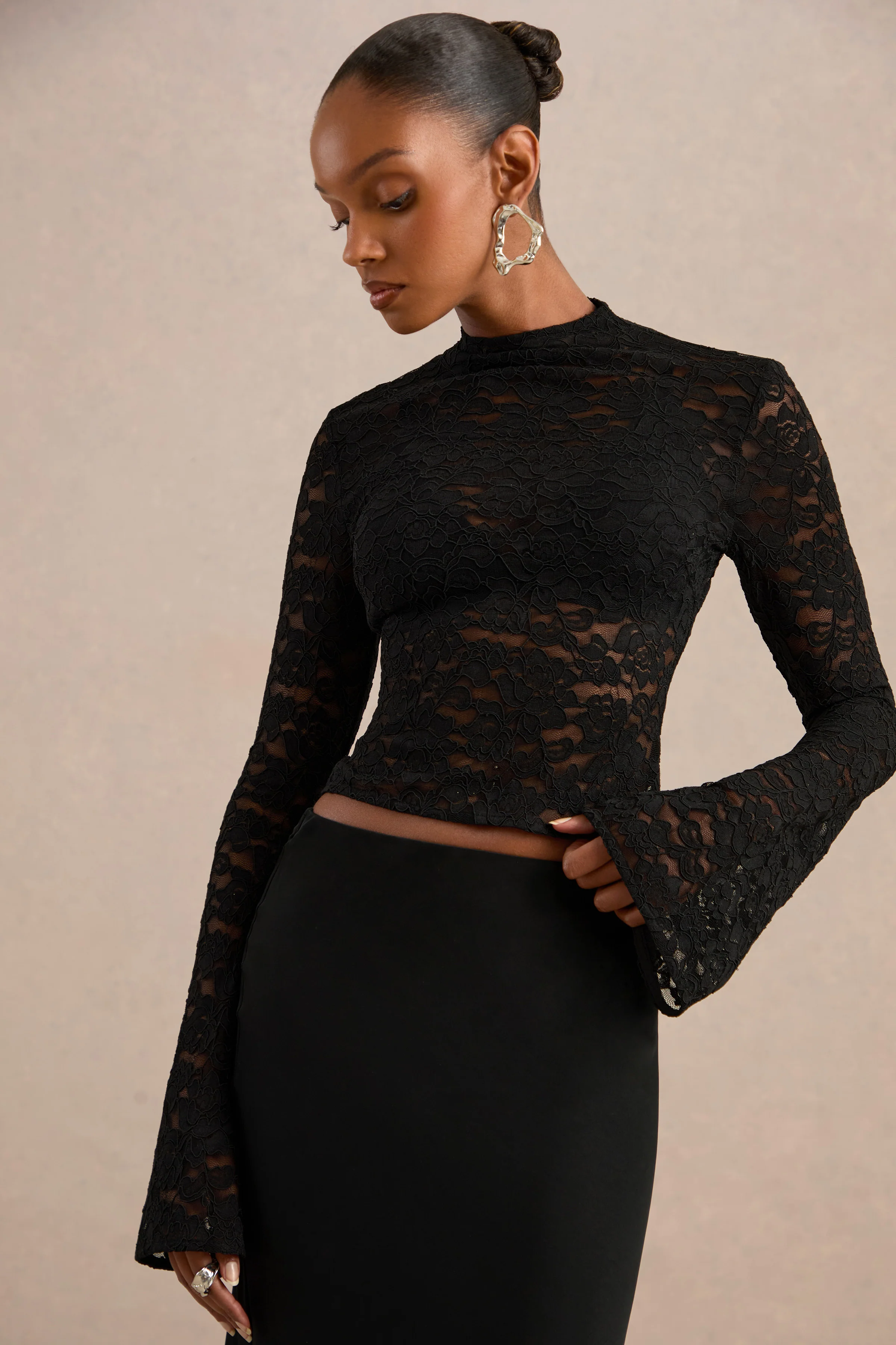 Maline | Black Lace High Neck Bell Sleeve Top With Sheer Detail