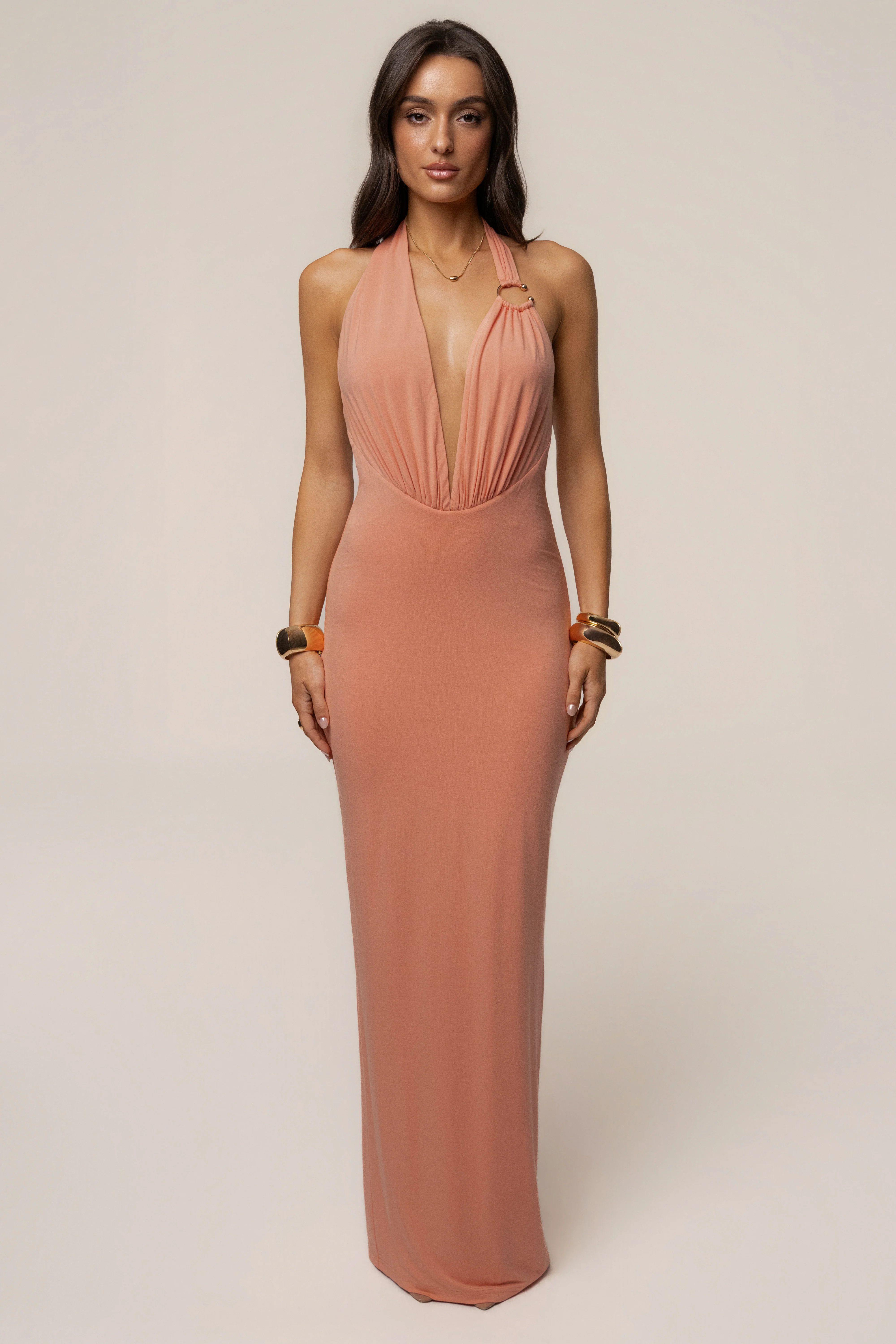 Peach Showstopper Plunge Maxi Dress