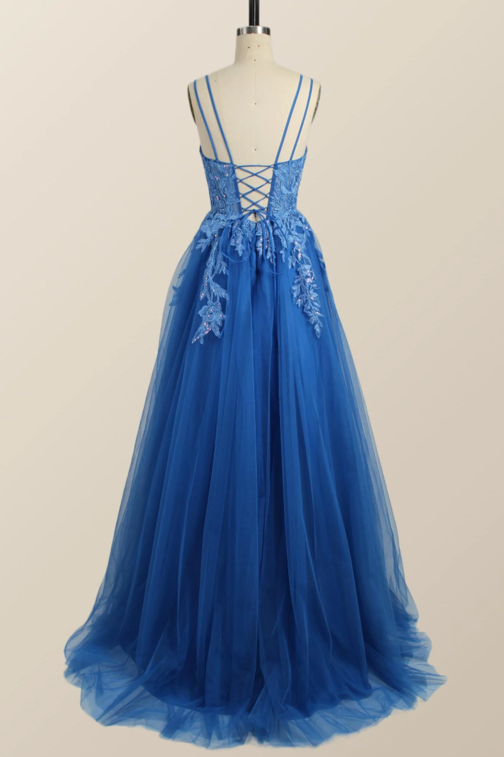 Blue Appliques A-line Tulle Long Dress