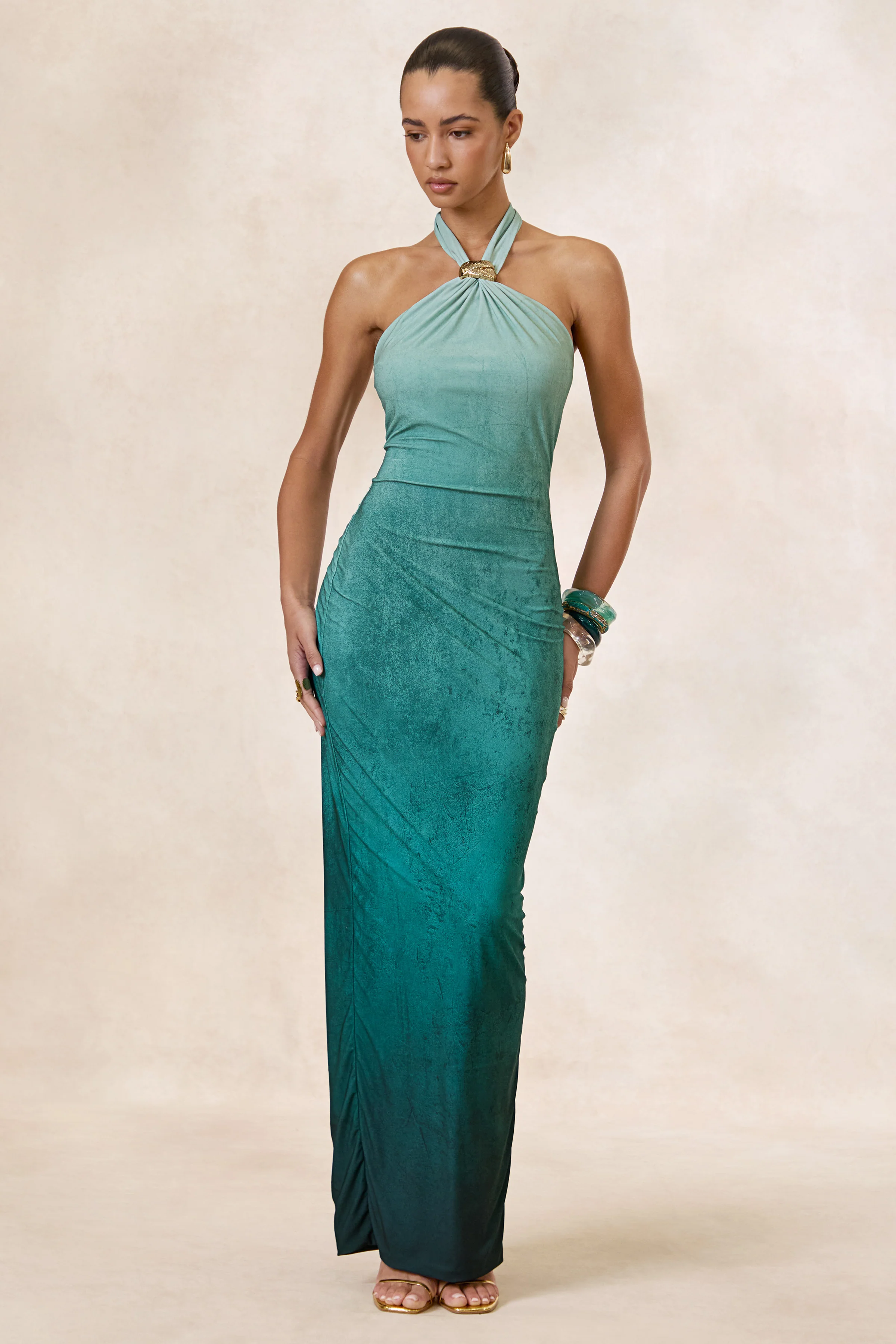 Thera | Turquoise Ombre Halter-Neck Maxi Dress With Gold Detail