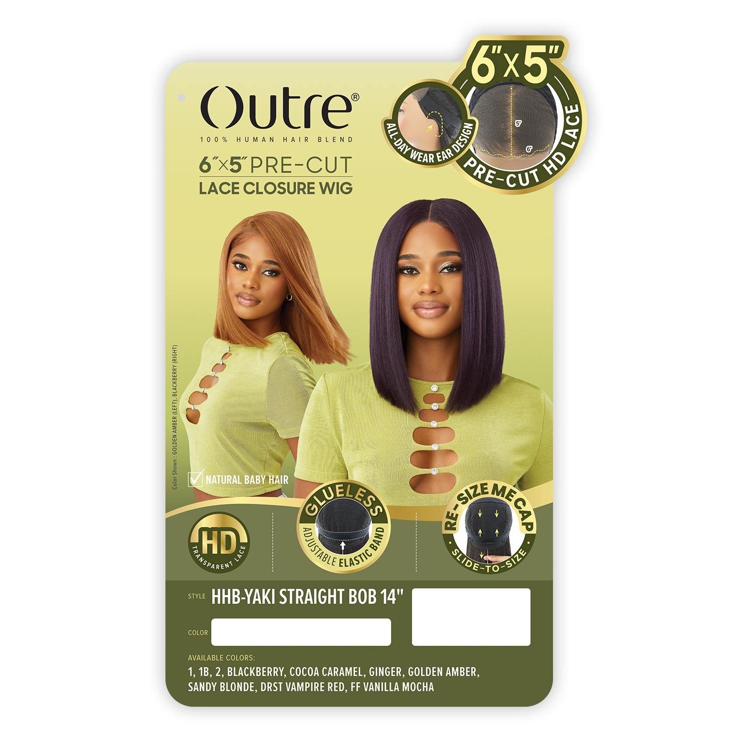 Outre Human Hair Blend Glueless HD 6X5 Pre-Cut Lace Closure Wig HHB-Yaki Straight Bob 14