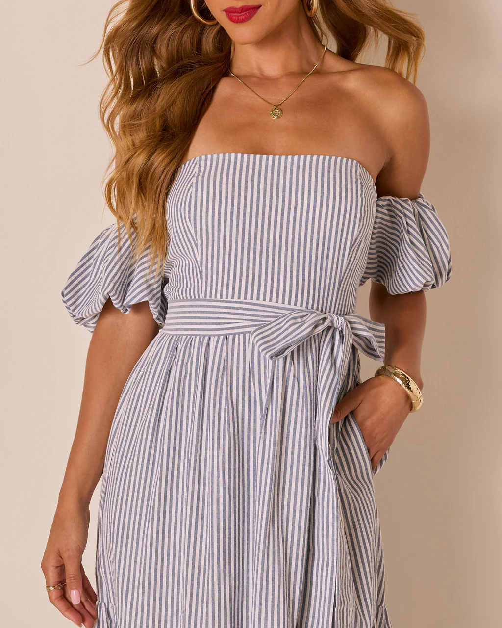Annah Striped Off The Shoulder Maxi Dress
