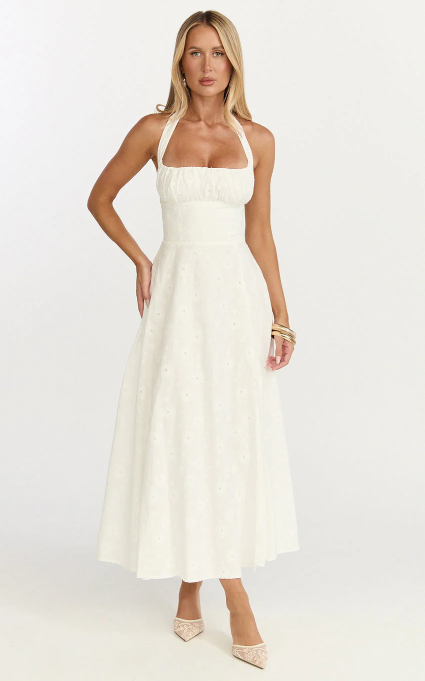 Lyra Midi Dress - Broderie Ruched Bust Halter Neck Dress in White