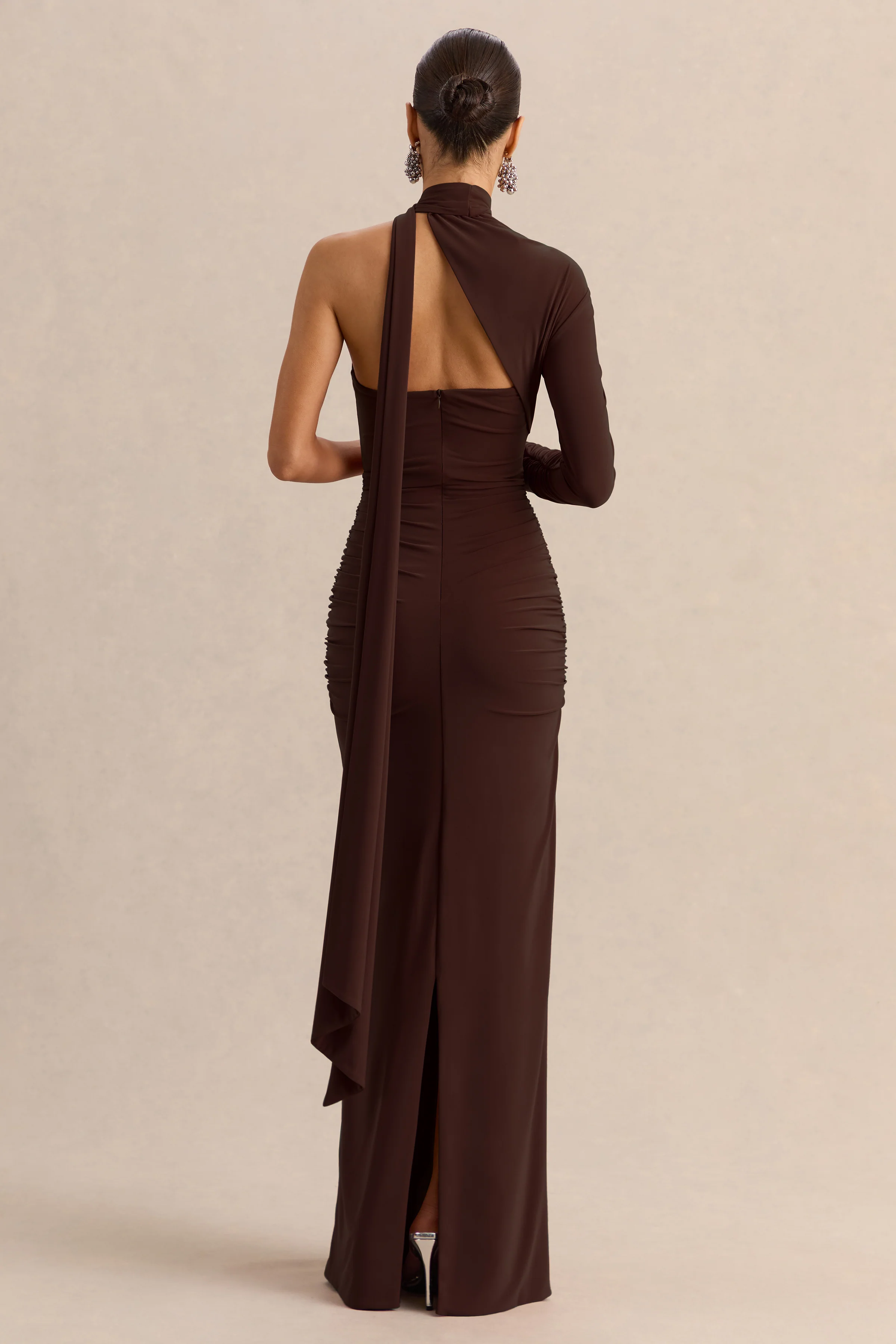 Cerisia | Brown Jersey One Sleeve Maxi Dress With Ruching and Sash