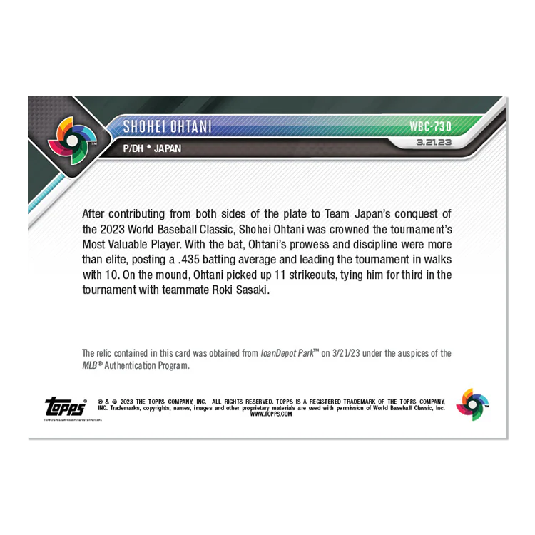Game-used Base Relic # to 10 - Shohei Ohtani - 2023 World Baseball Classic TOPPS NOW® Card 73D