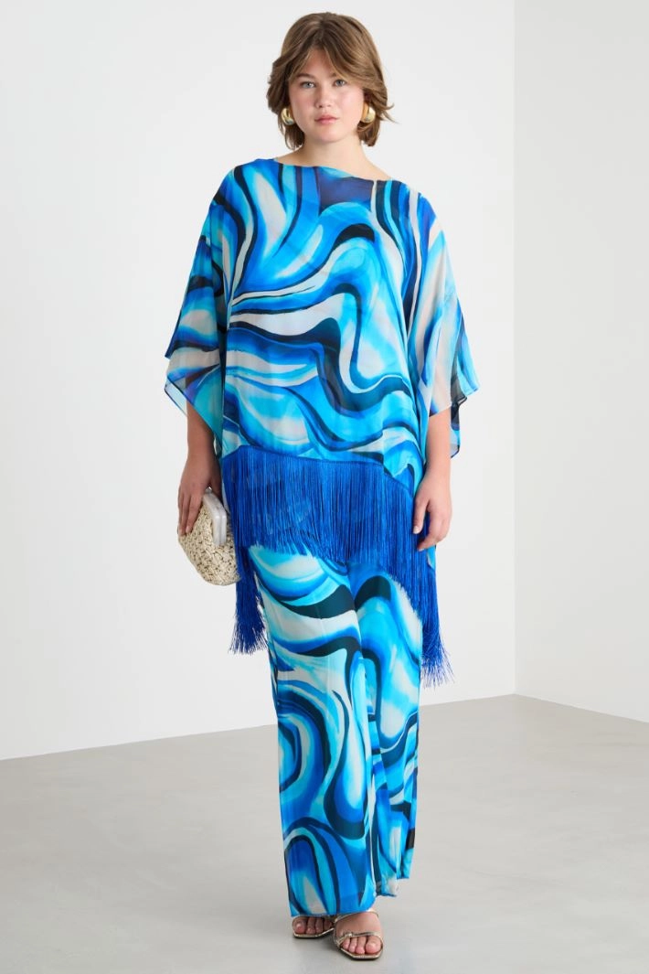 Fringed georgette poncho - BLUE