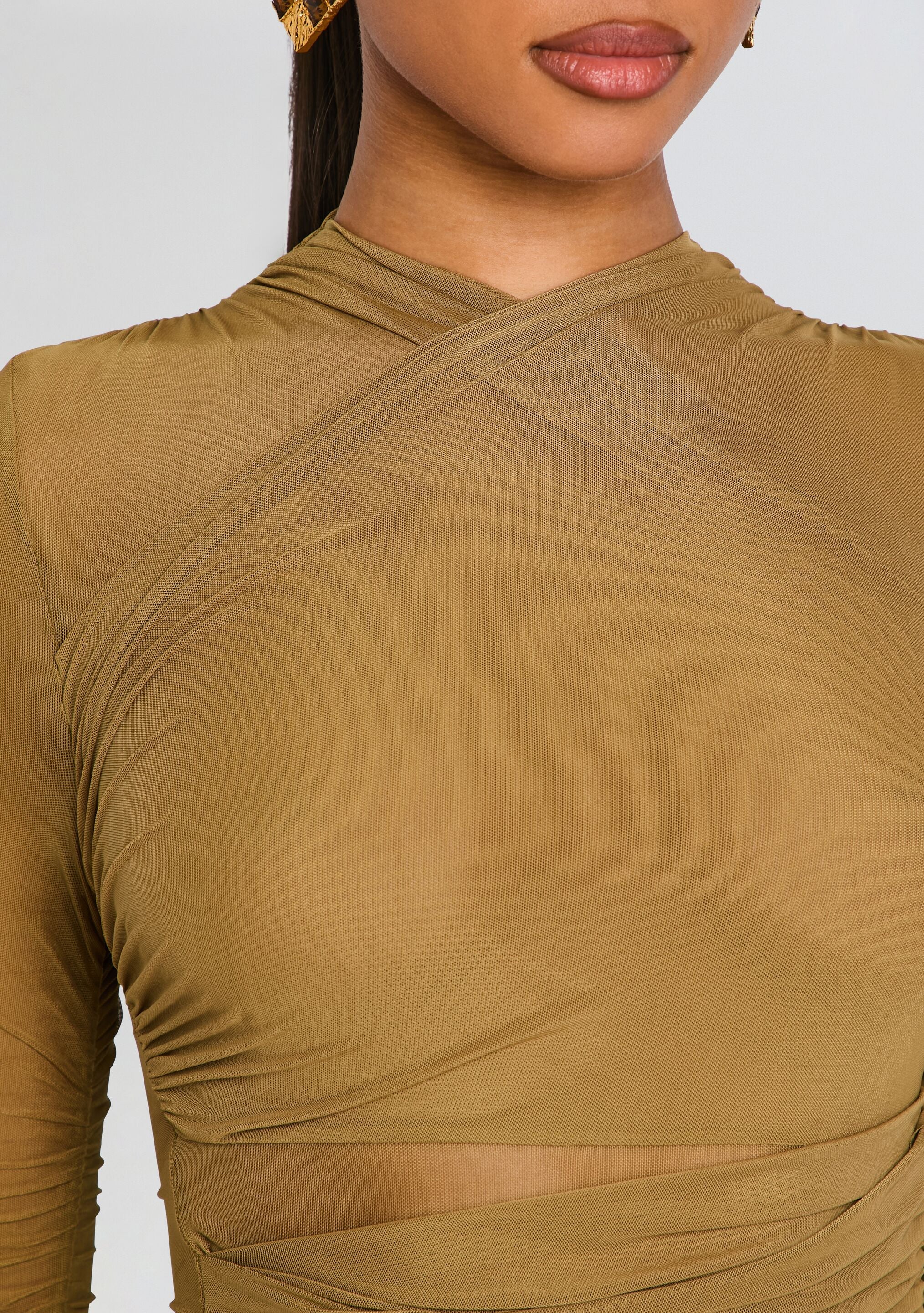 Moxey Ruched Mesh Mini Dress