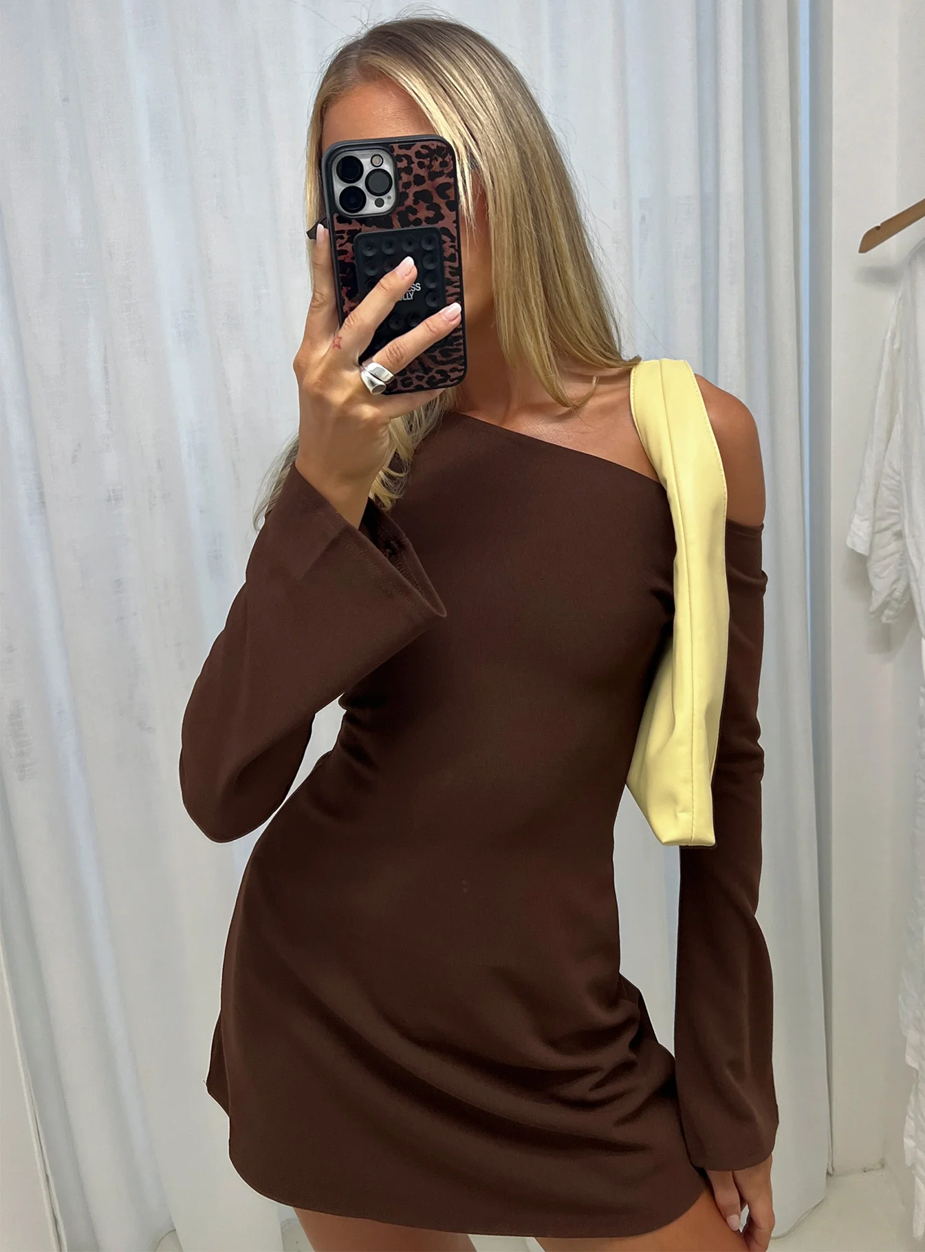 Adrietta Long Sleeve Off Shoulder Mini Dress Brown Petite