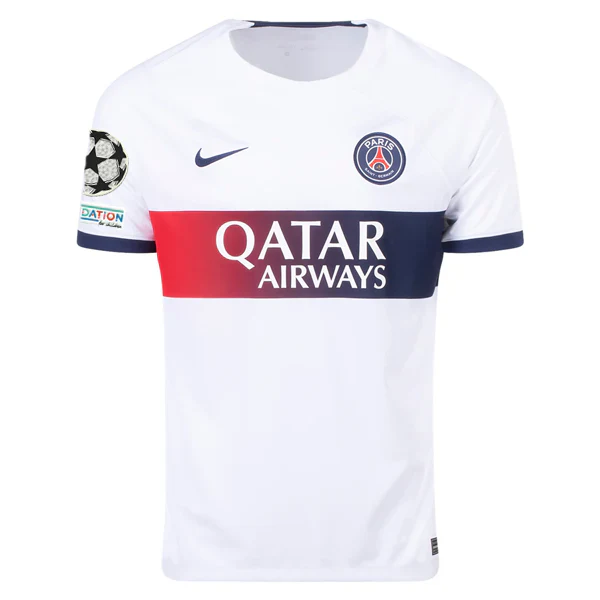 Paris Saint-Germain Kylian Mbappé Away Jersey w/ Champions League Patches 23/24 (White/Midnight Navy)