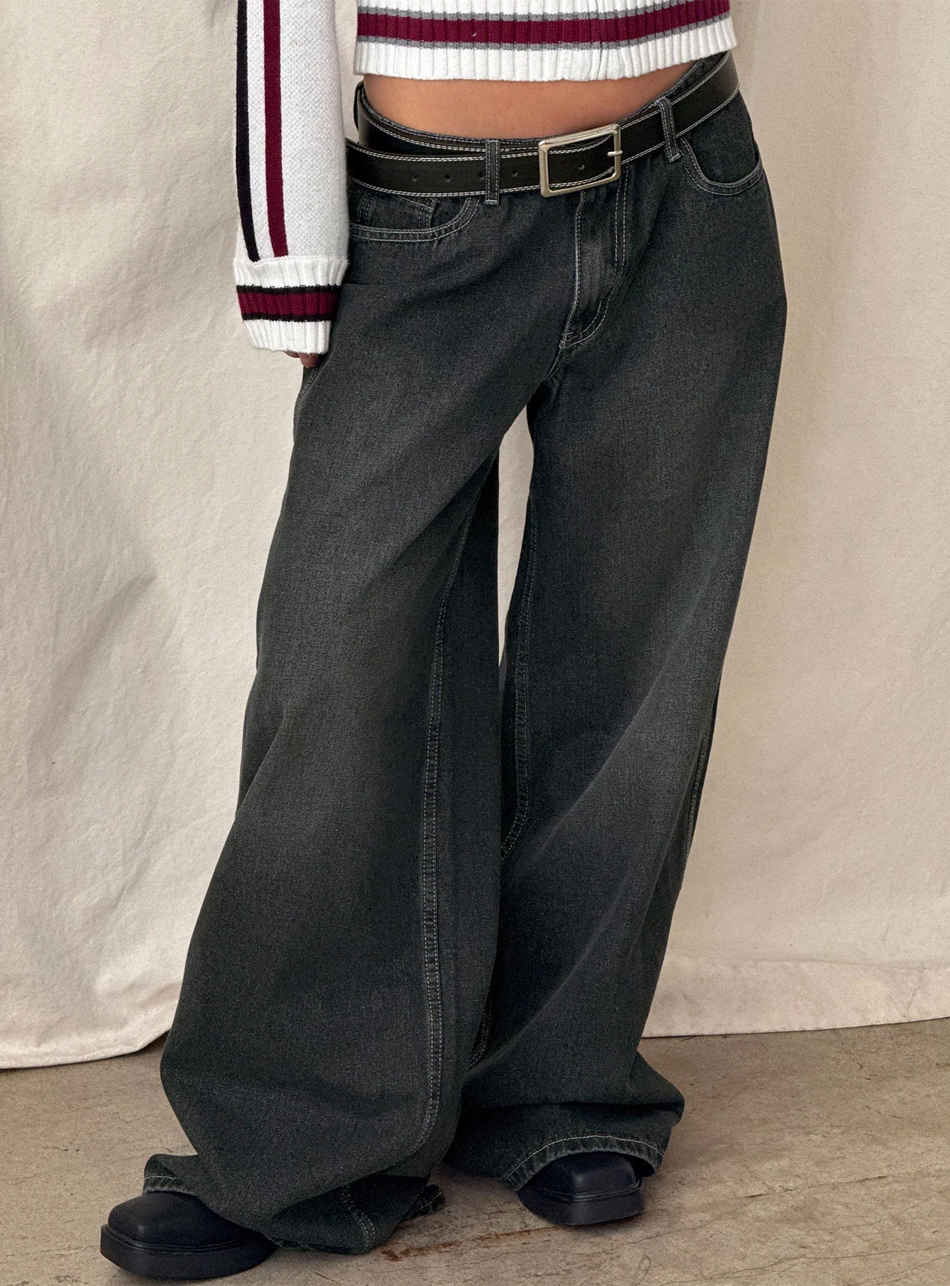 Ramos Low Rise Wide Leg Denim Jeans Grey Wash