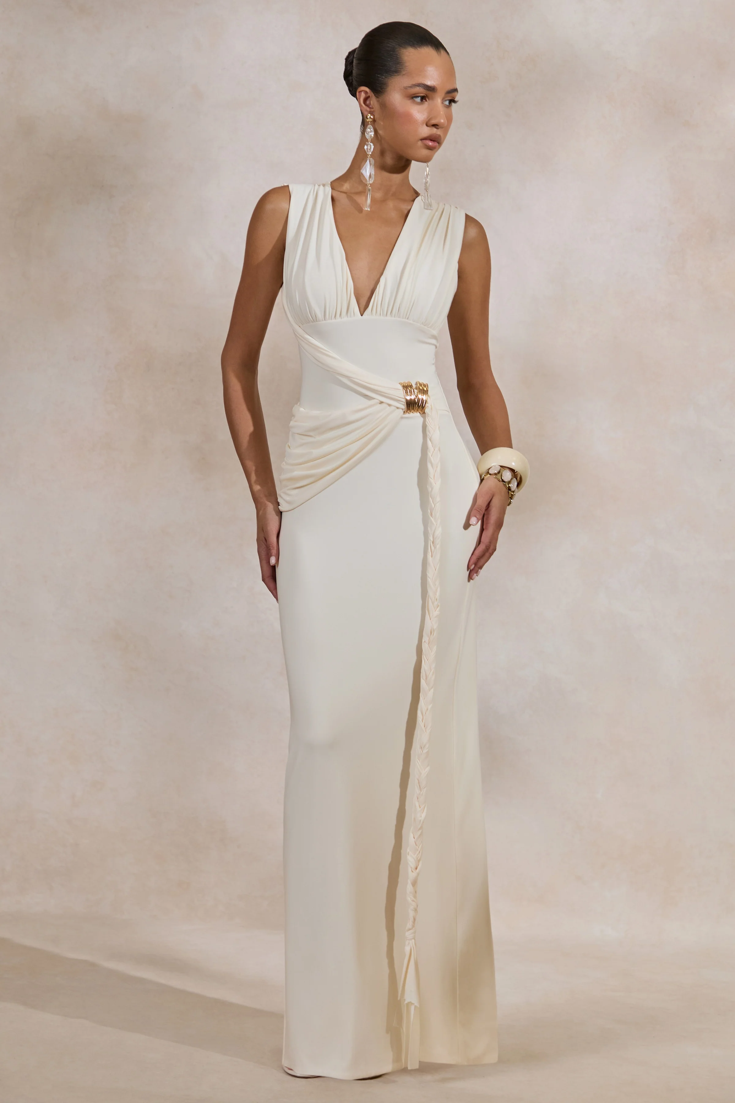 Nalina | Cream Plunge-Neck Maxi Dress With Gathered Detailing And Gold Detail