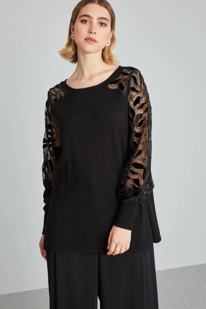 Viscose and lace sweater - BLACK