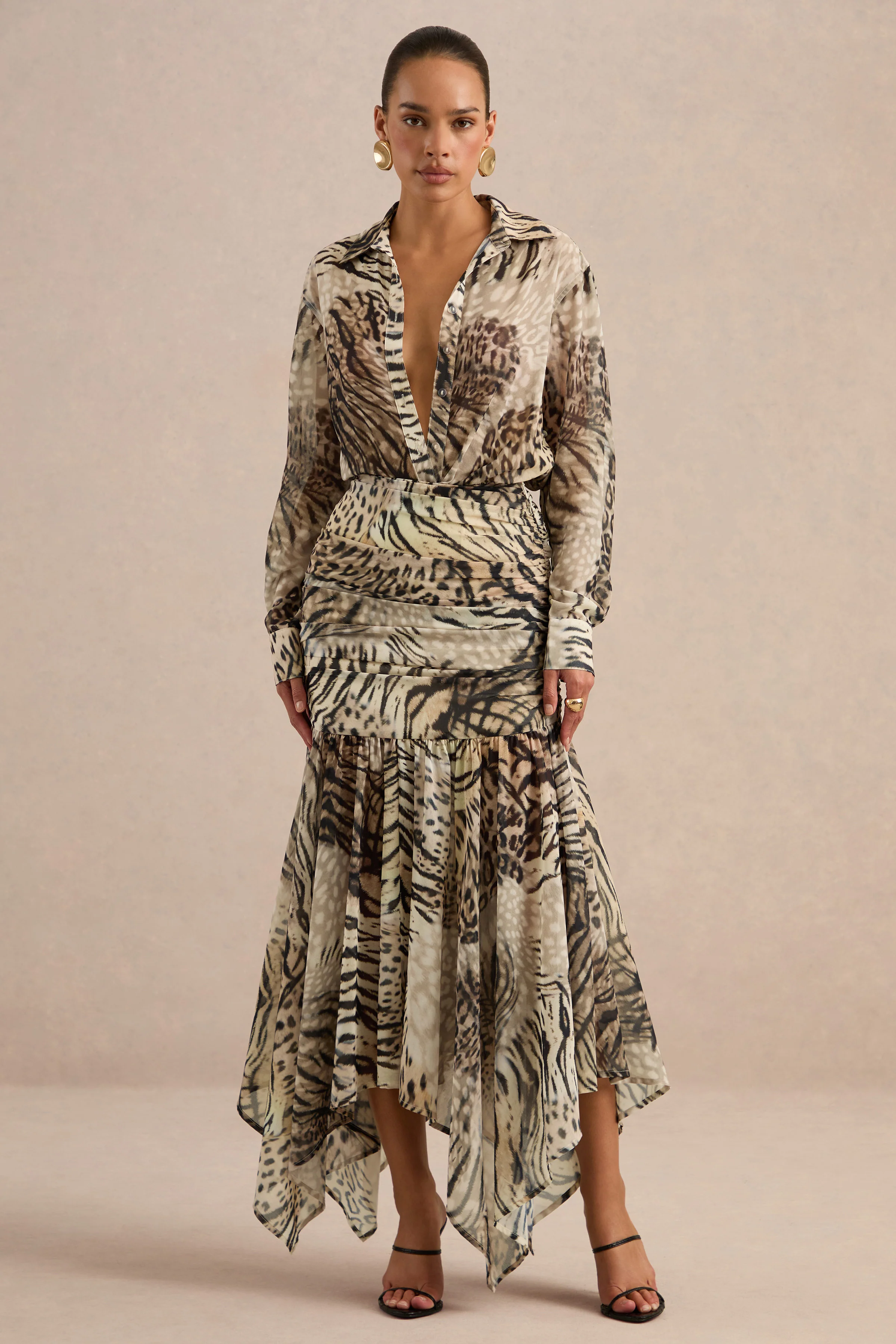 Kris | Brown Animal Print Chiffon V Neck Long Sleeve A-Line Maxi Dress