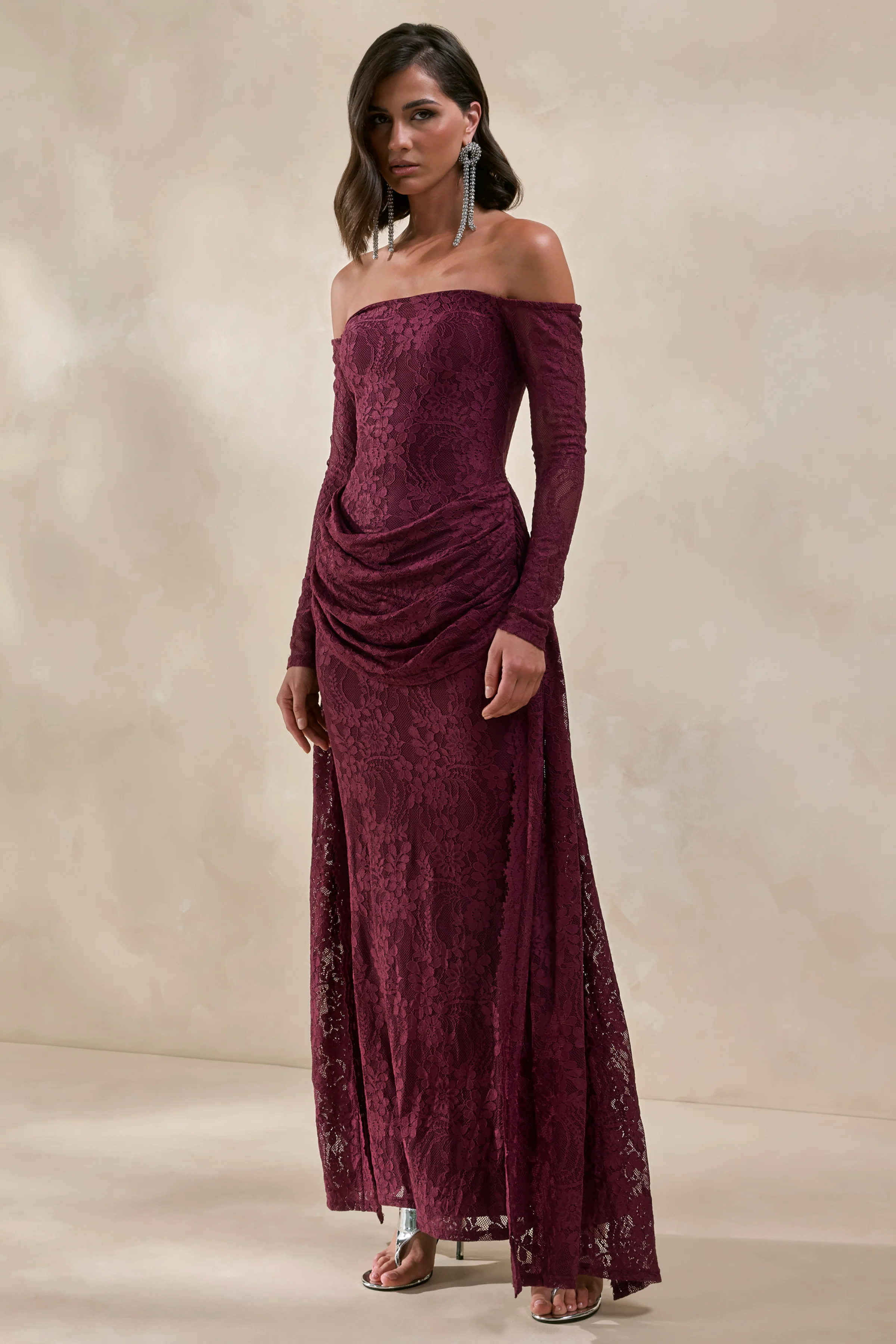 Parisse | Burgundy Lace Bardot Ruched Long Sleeve Maxi Dress With Draped Detailing