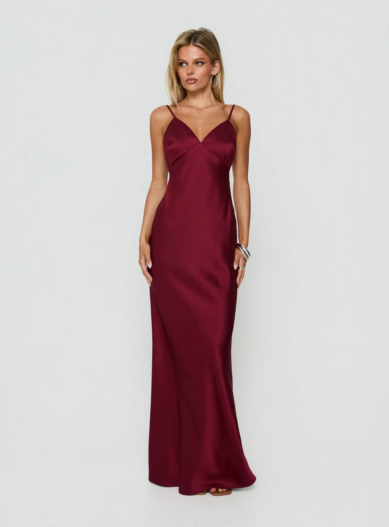 Flip A Switch Satin Lace Slip Maxi Dress Burgundy