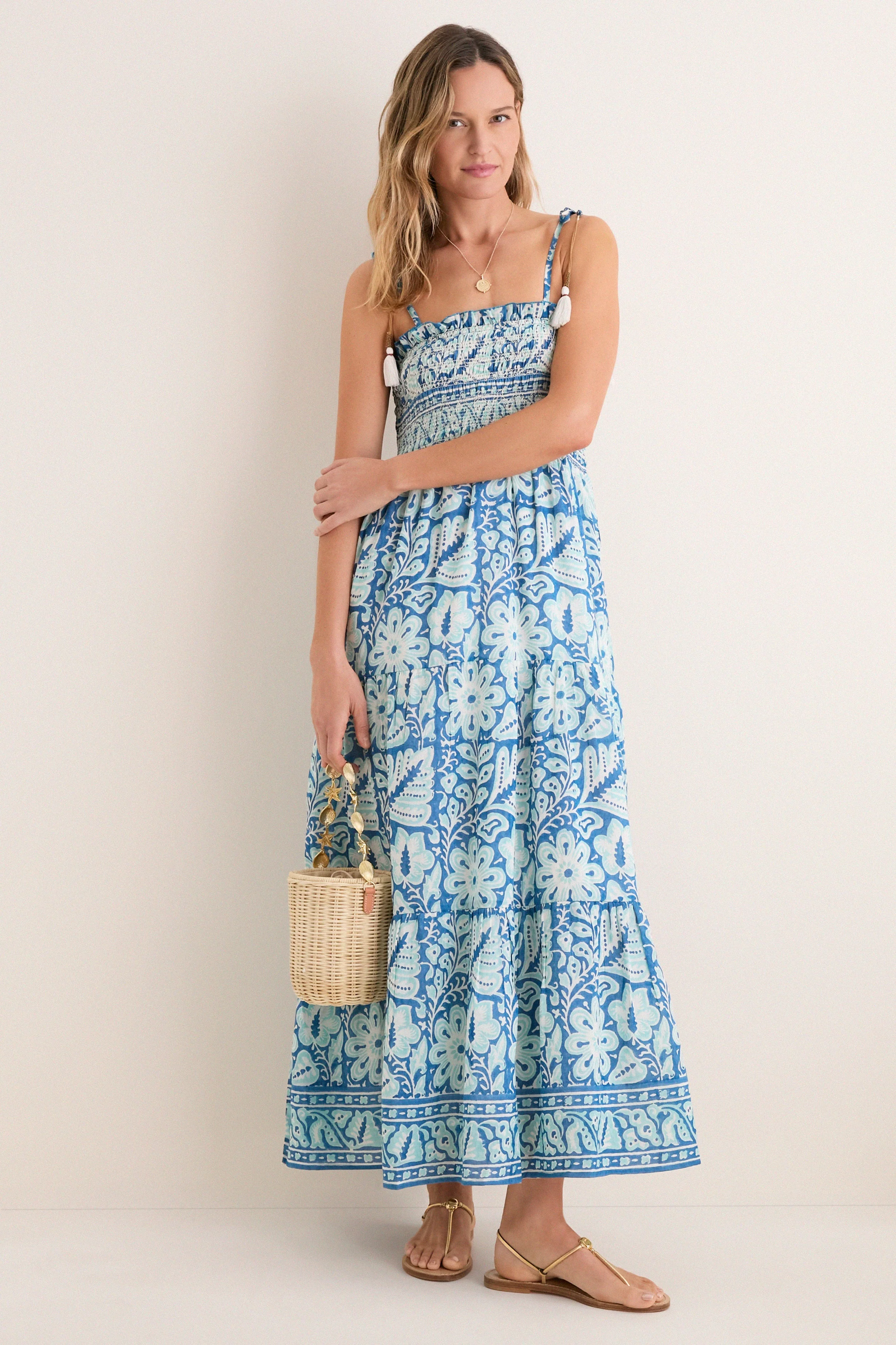 Turquoise Floral Smocked Maxi Dress