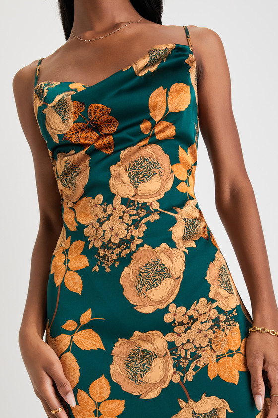 Green Floral Dress - Floral Satin Dress - Cowl Neck Midi Dress
