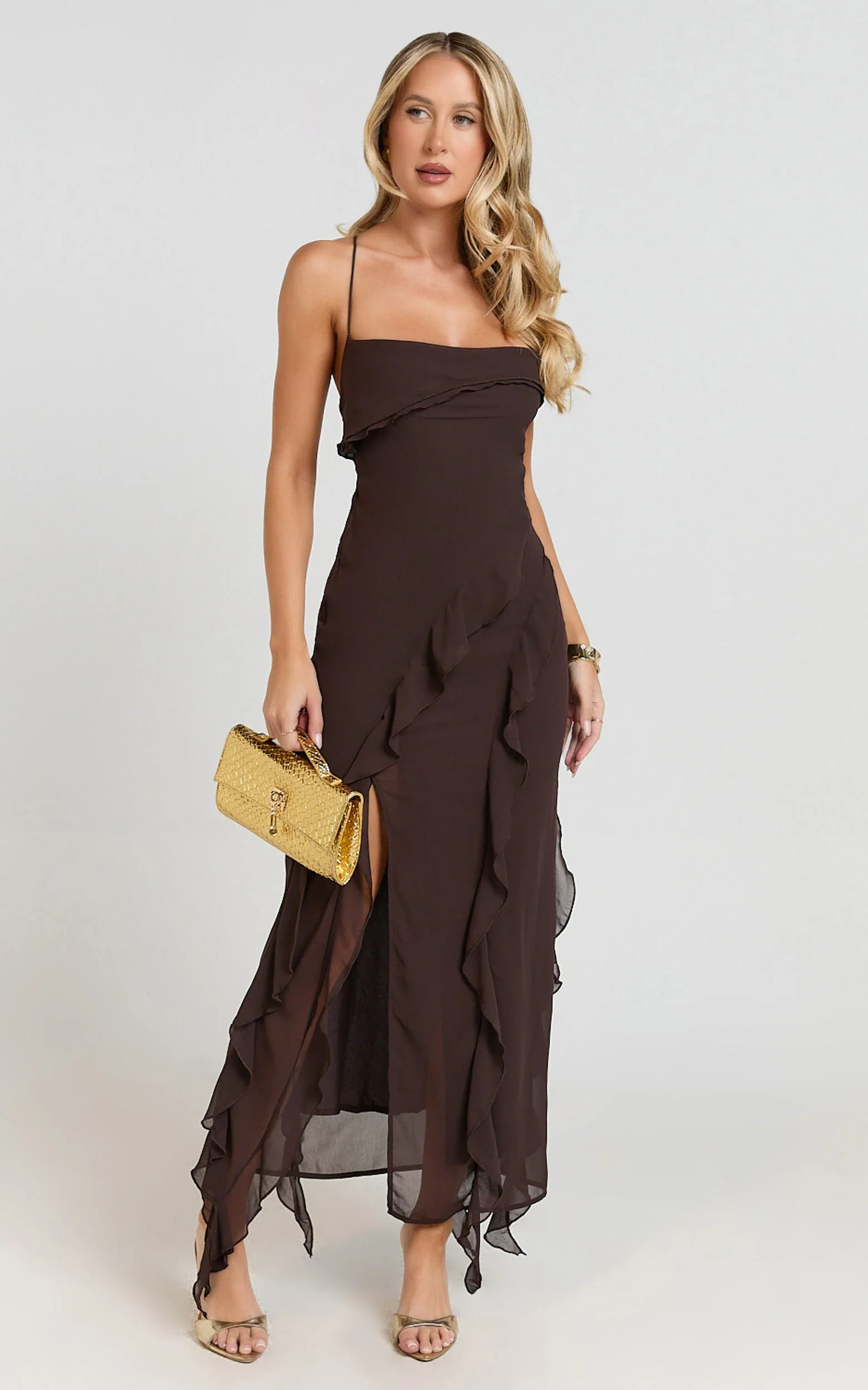 Connie Midi Dress - Ruffle Detail Dress in Chocolate